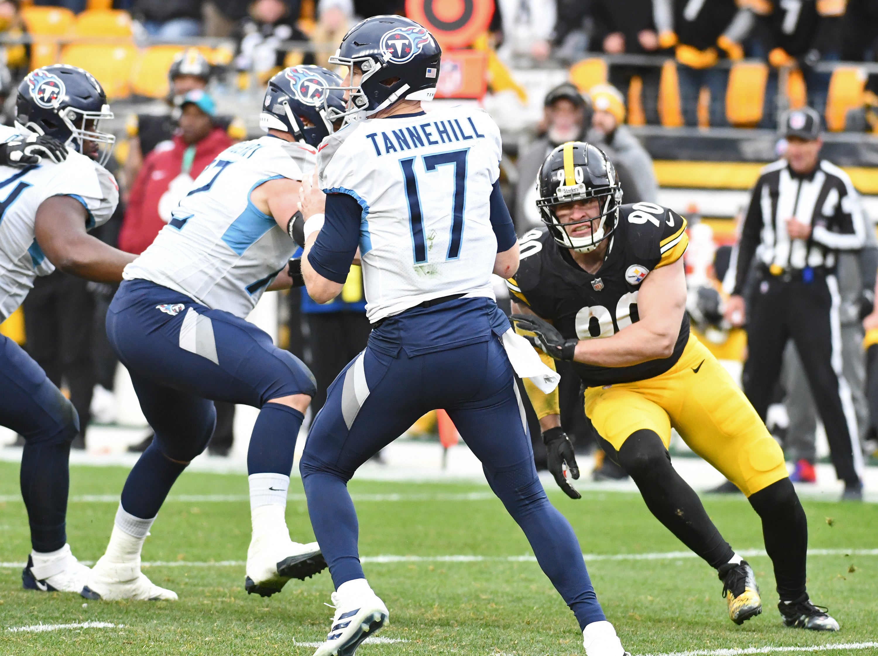 Dec 19, 2021; Pittsburgh, Pennsylvania, USA; Pittsburgh Steelers linebacker T.J. Watt (90) moves in for a sack on Tennessee Titans quarterback Ryan Tannehill (17) during the third quarter at Heinz Field. Mandatory Credit: Philip G. Pavely-USA TODAY Sports