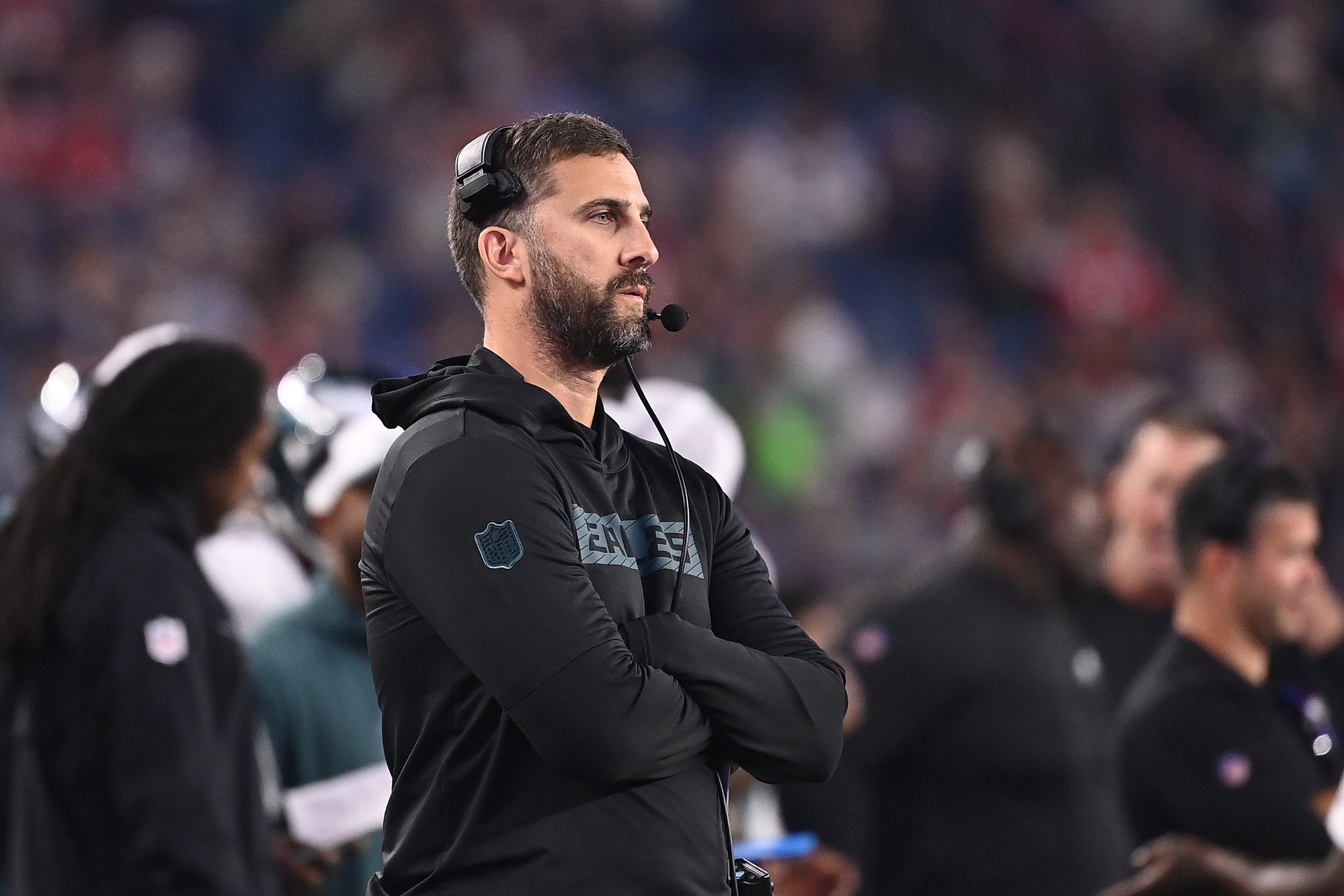 Philadelphia Eagles head coach Nick Sirianni works from the sideline during the first half against the New England Patriots at Gillette Stadium.