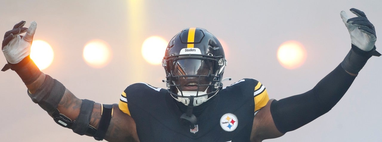 Aug 9, 2024; Pittsburgh, Pennsylvania, USA; Pittsburgh Steelers offensive tackle Broderick Jones (77) reacts as he takes the field against the Houston Texans at Acrisure Stadium. Mandatory Credit: Charles LeClaire-USA TODAY Sports  
