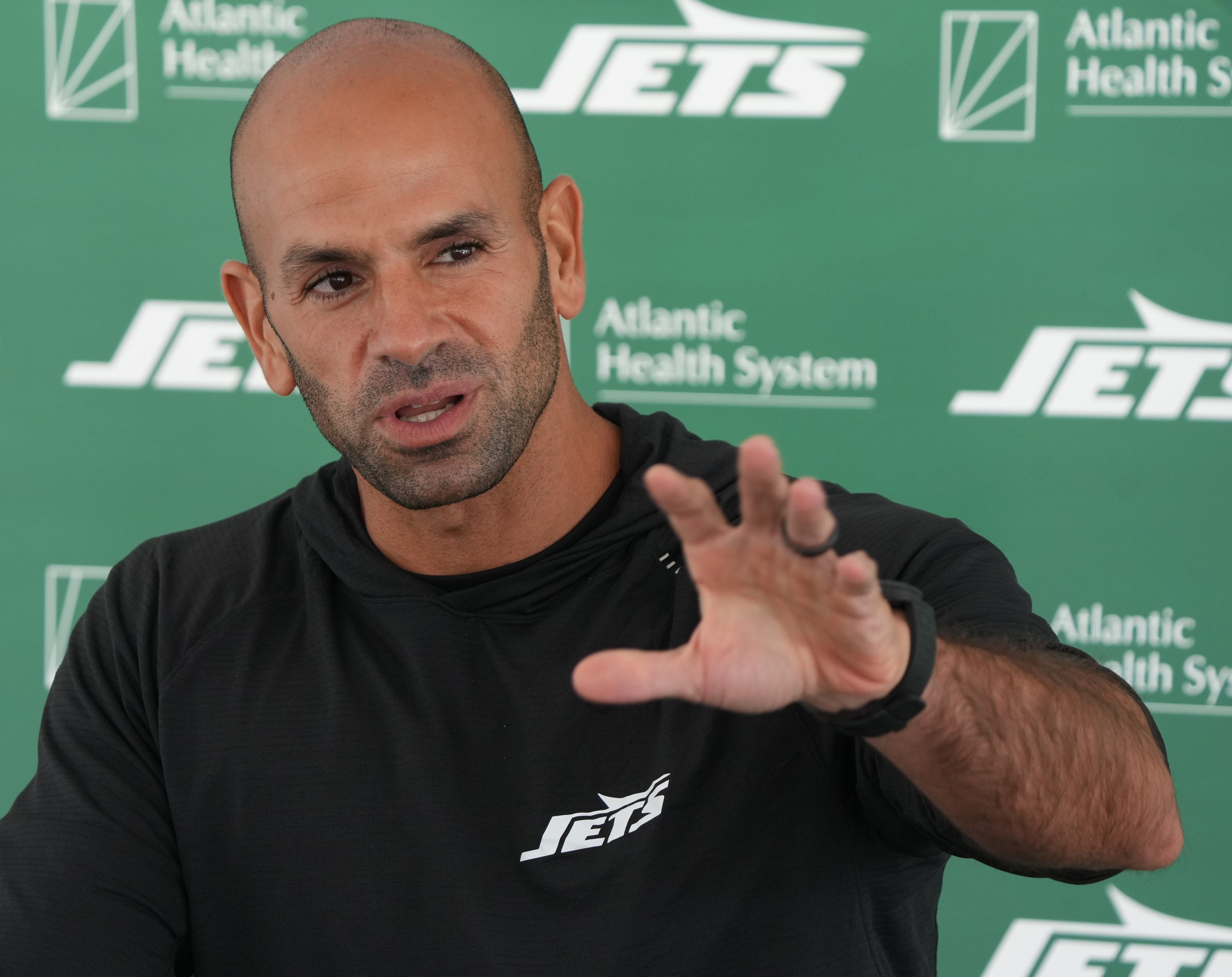 Jets head coach Robert Saleh during press conference before practice. The New York Giants came to the Atlantic Health Jets Training Center in Florham Park, New Jersey to take part in a joint practice with the New York Jets.