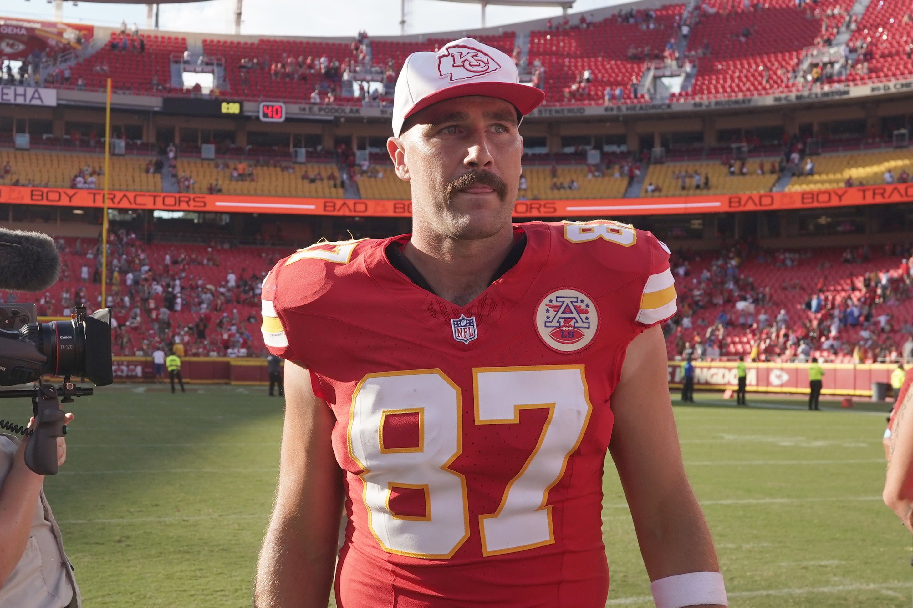 Aug 17, 2024; Kansas City, Missouri, USA; Kansas City Chiefs tight end Travis Kelce (87) on field after the game against the Detroit Lions at GEHA Field at Arrowhead Stadium.