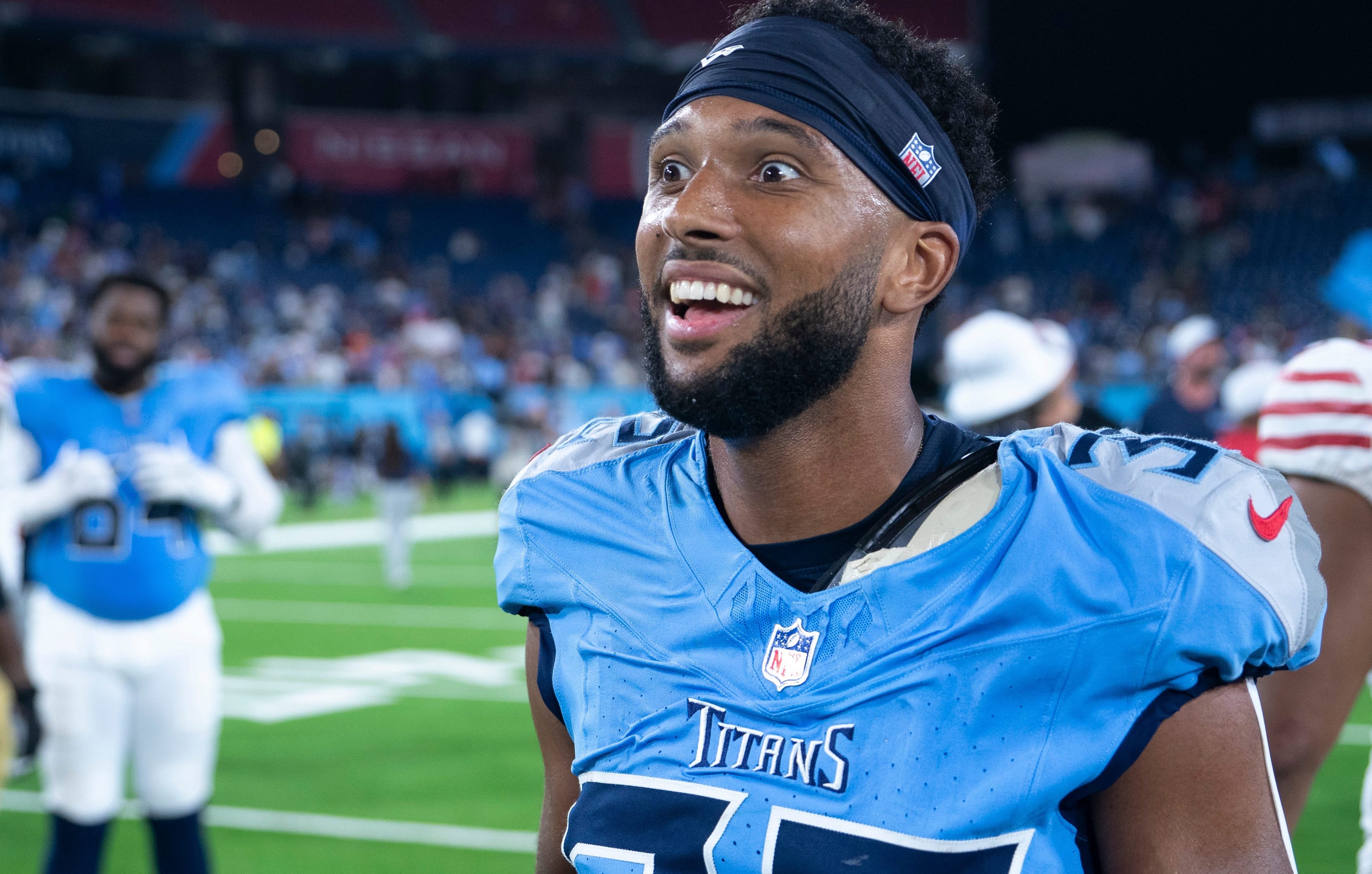Tennessee Titans cornerback Gabe Jeudy-Lally (32) celebrates after beating the San Francisco 49ers 17-13 in their first preseason game of the 2024-25 season at Nissan Stadium Saturday, Aug. 10, 2024 Denny Simmons / The Tennessean-USA TODAY NETWORK