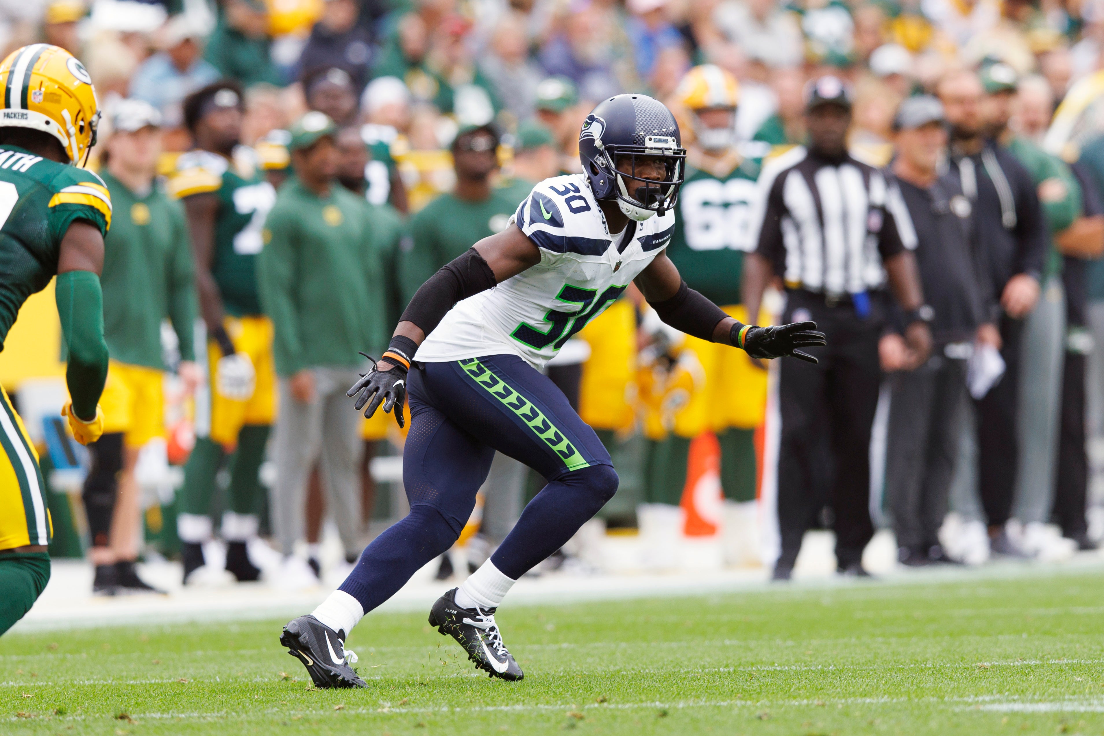 Aug 26, 2023; Green Bay, Wisconsin, USA; Seattle Seahawks cornerback Michael Jackson (30) during the game against the Green Bay Packers at Lambeau Field.