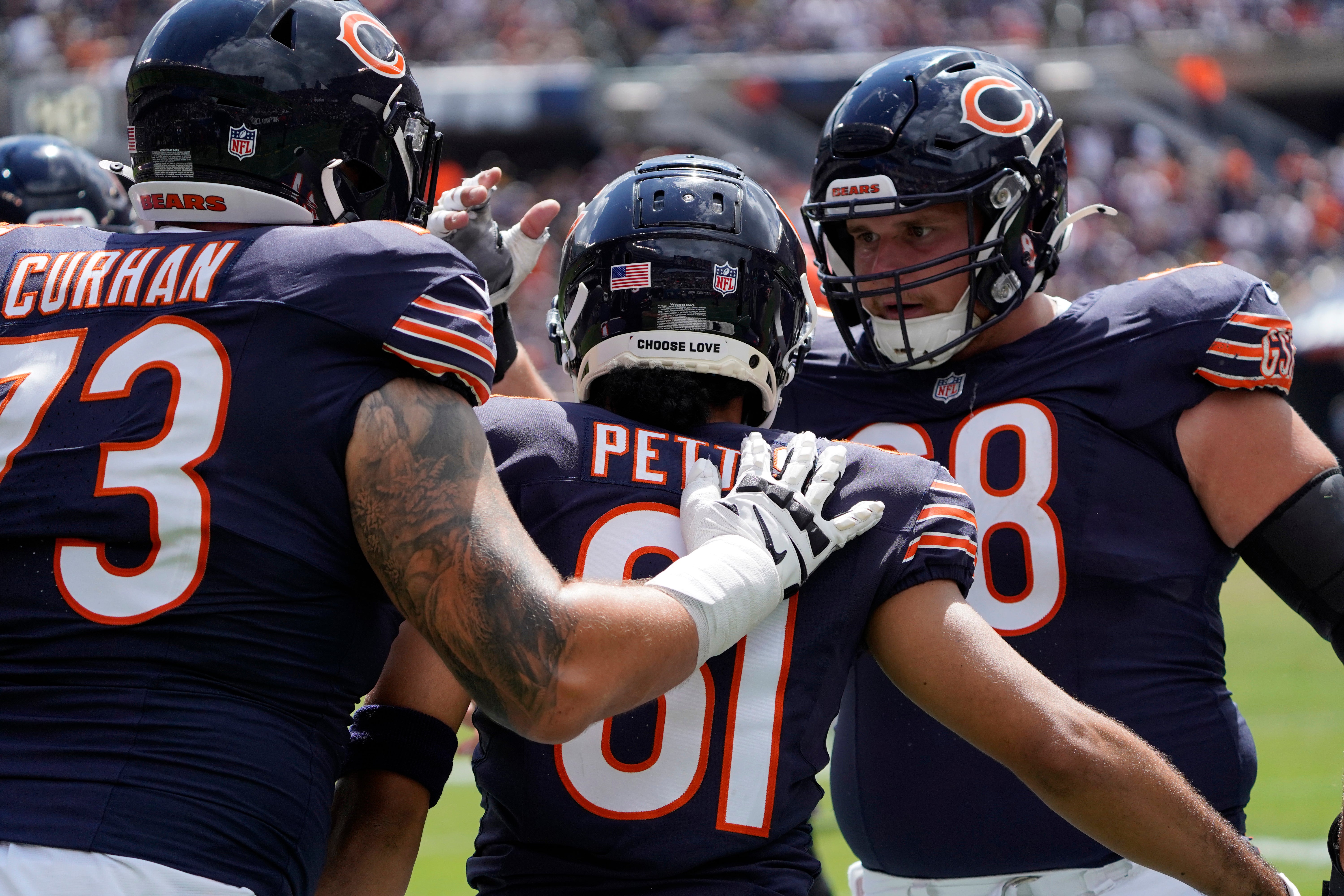 Aug 17, 2024; Chicago, Illinois, USA; Chicago Bears wide receiver Dante Pettis (81) celebrates his touchdown against the Cincinnati Bengals during the second half at Soldier Field.