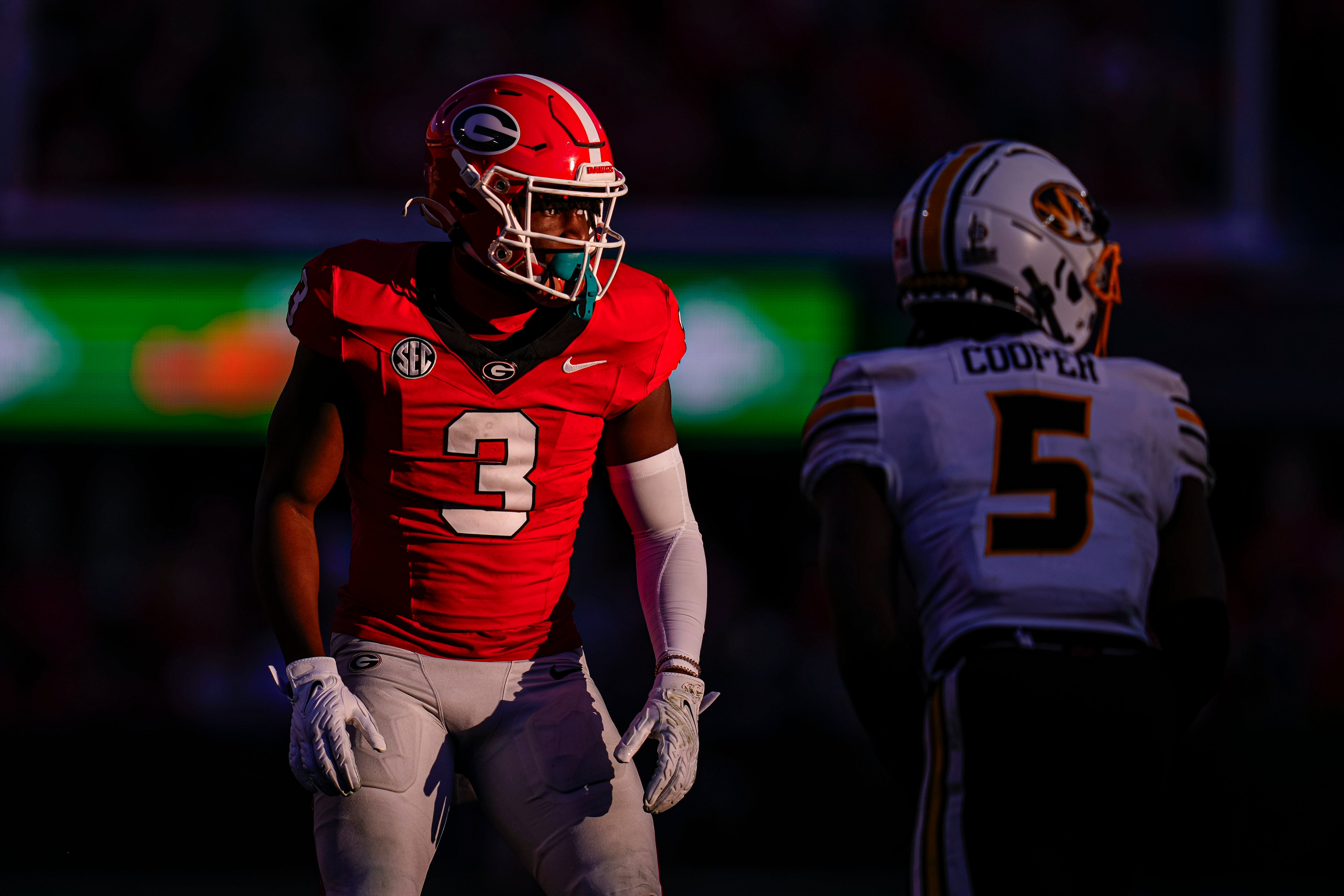 Georgia Bulldogs defensive back Kamari Lassiter (3) prepares to cover Missouri Tigers wide receiver Mookie Cooper (5) during the second half at Sanford Stadium.