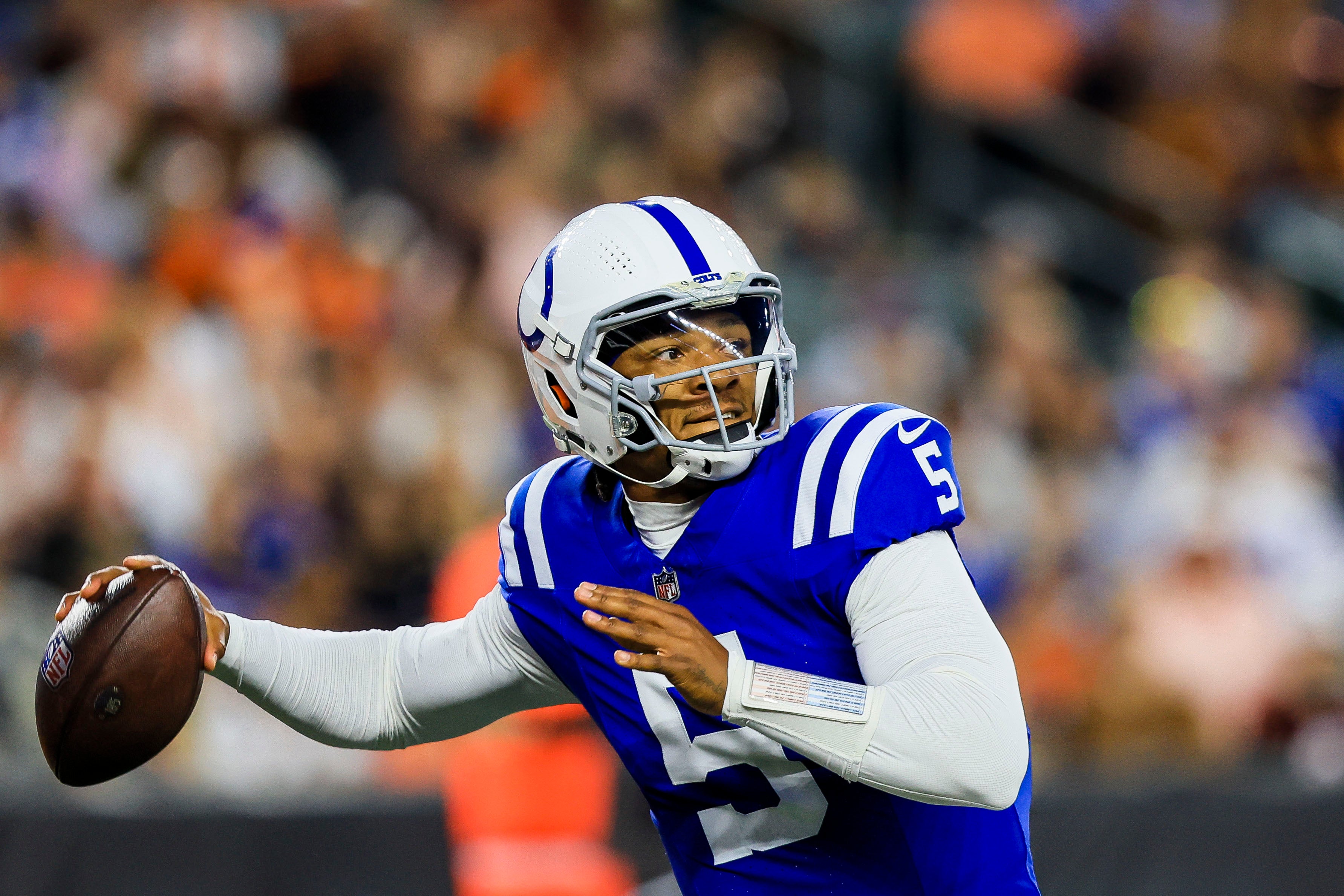 Aug 22, 2024; Cincinnati, Ohio, USA; Indianapolis Colts quarterback Anthony Richardson (5) throws a pass against the Cincinnati Bengals in the first half at Paycor Stadium.