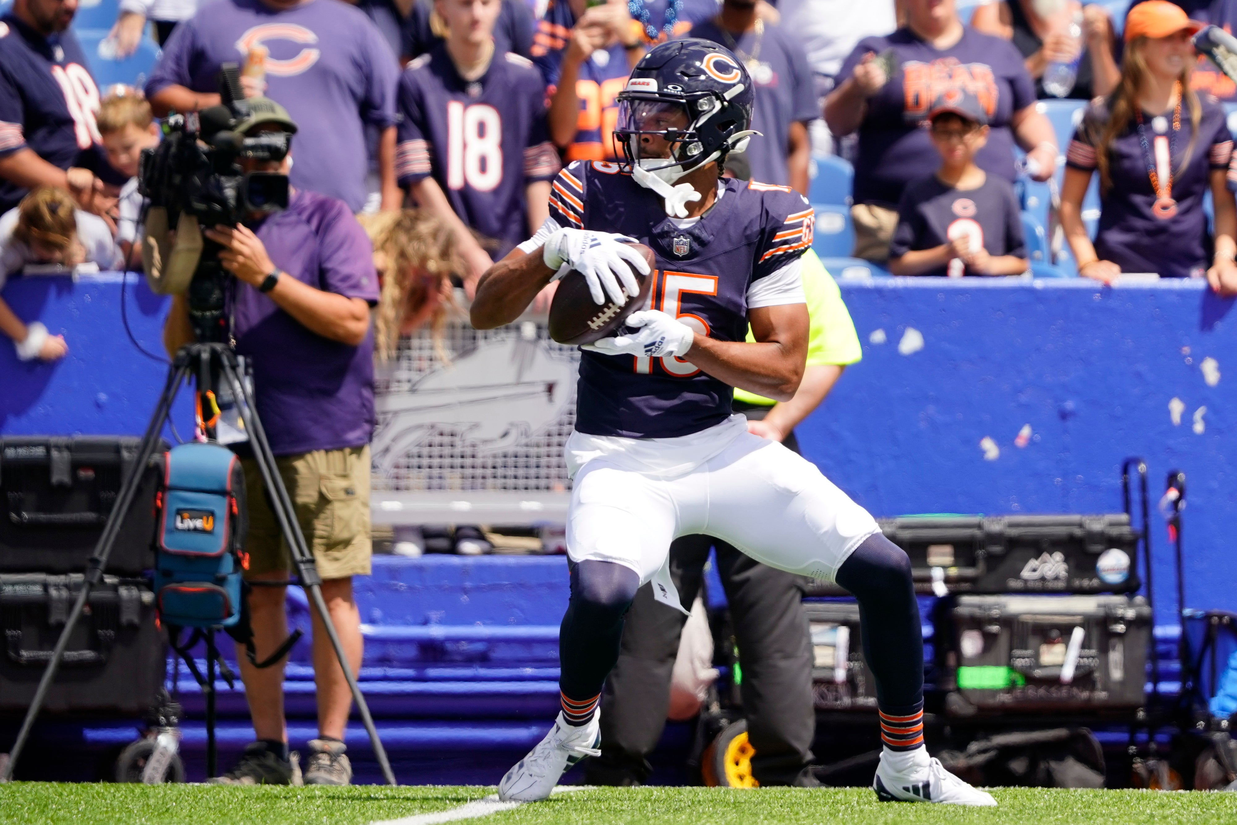 Aug 10, 2024; Orchard Park, New York, USA; Chicago Bears wide receiver Rome Odunze (15) warms up prior to the game against the Buffalo Bills at Highmark Stadium.
