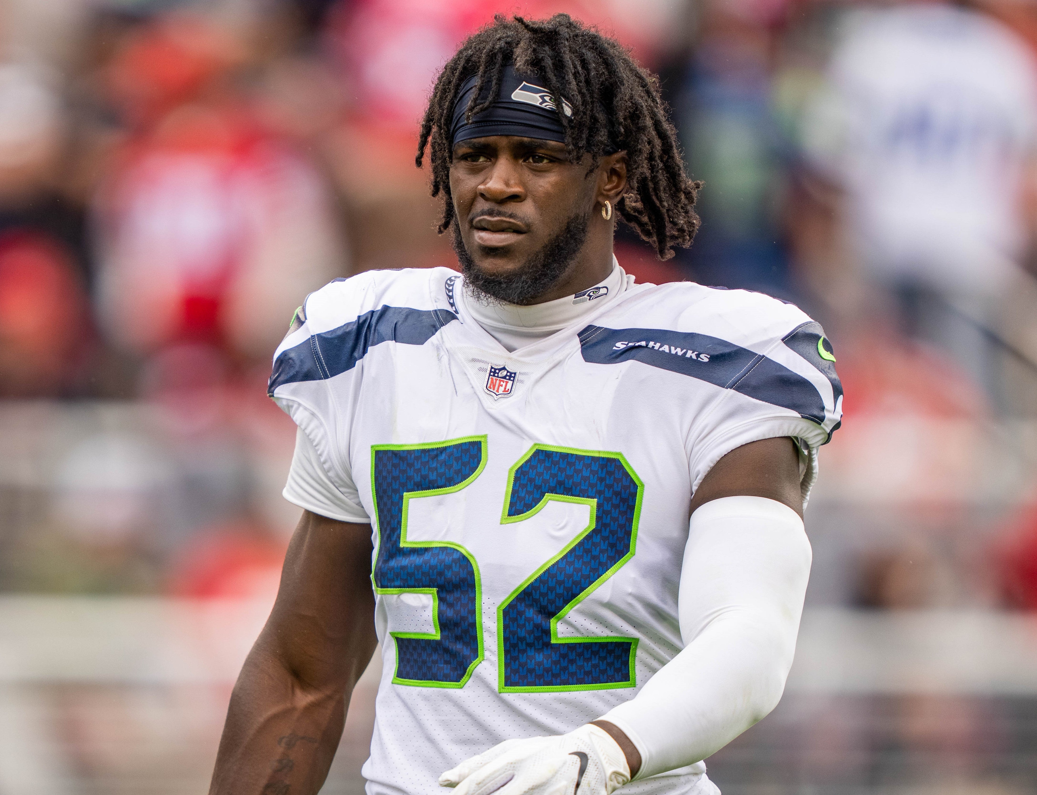 September 18, 2022; Santa Clara, California, USA; Seattle Seahawks defensive end Darrell Taylor (52) during halftime against the San Francisco 49ers at Levi's Stadium.