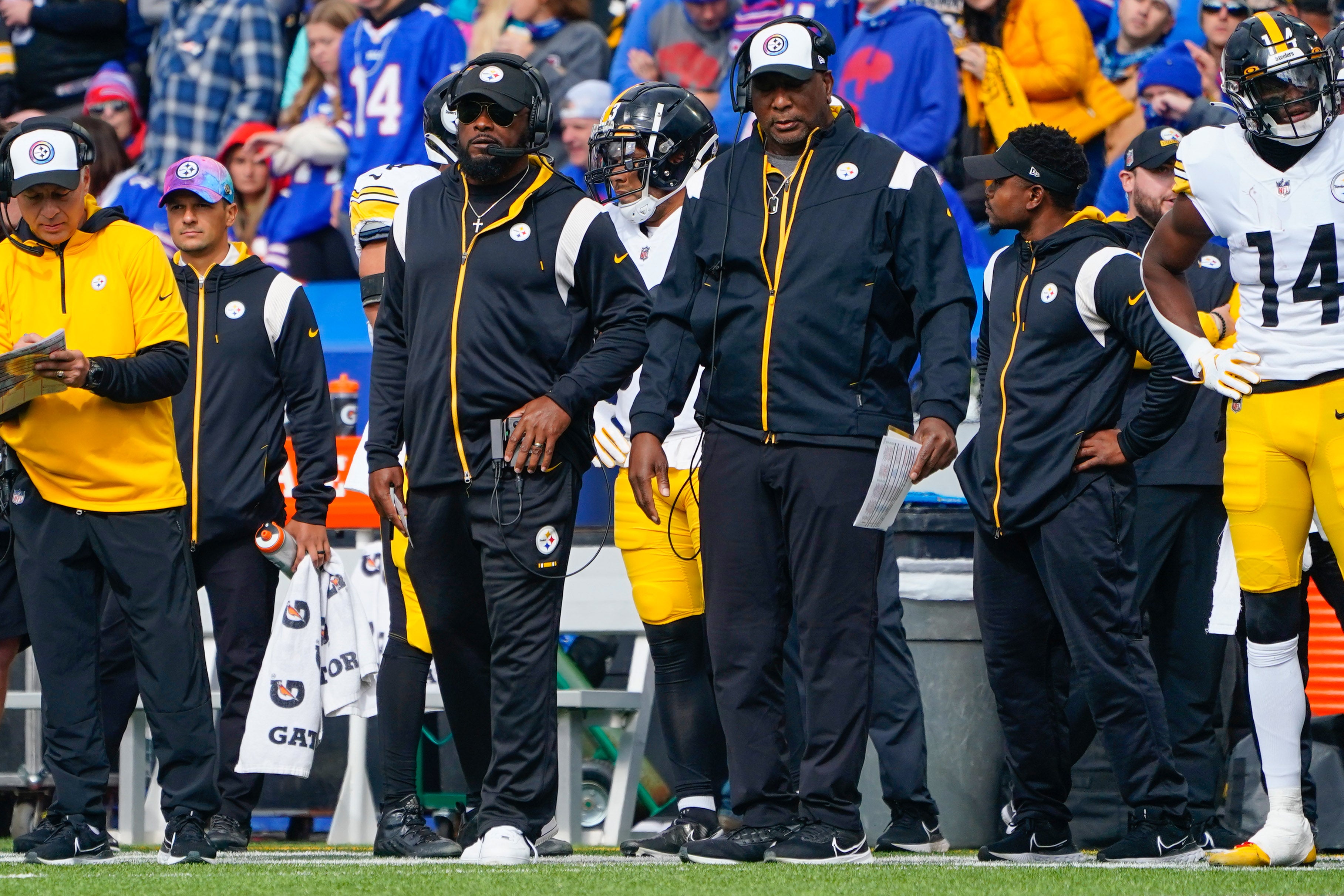 Oct 9, 2022; Orchard Park, New York, USA; Pittsburgh Steelers head coach Mike Tomlin and Pittsburgh Steelers defensive coordinator Teryl Austin look on from the sidelines during the first half against the Buffalo Bills at Highmark Stadium. Mandatory Credit: Gregory Fisher-USA TODAY Sports