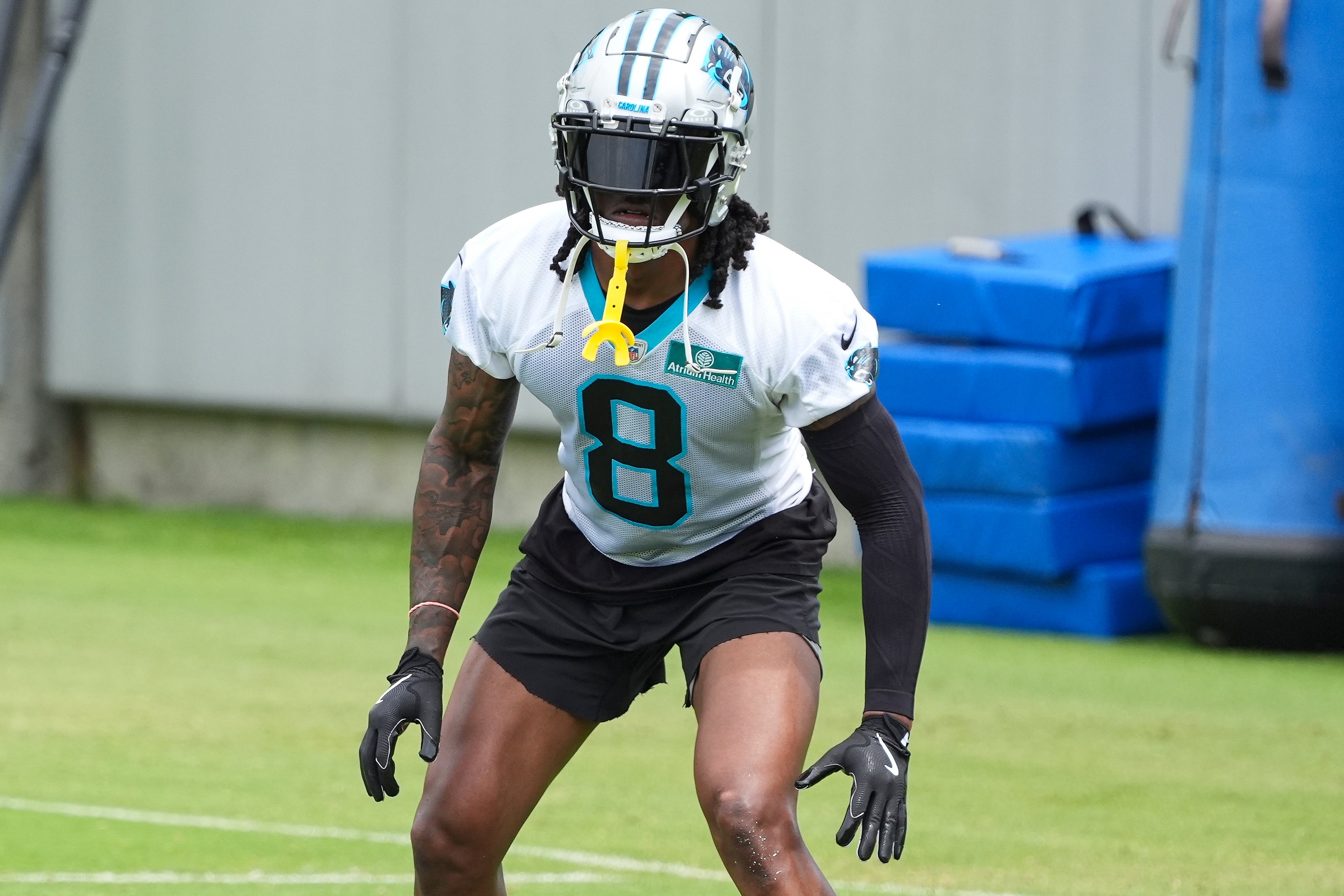 Jun 4, 2024; Charlotte, NC, USA; Carolina Panthers cornerback Jaycee Horn (8) back on defense during OTAs. Mandatory Credit: Jim Dedmon-USA TODAY Sports