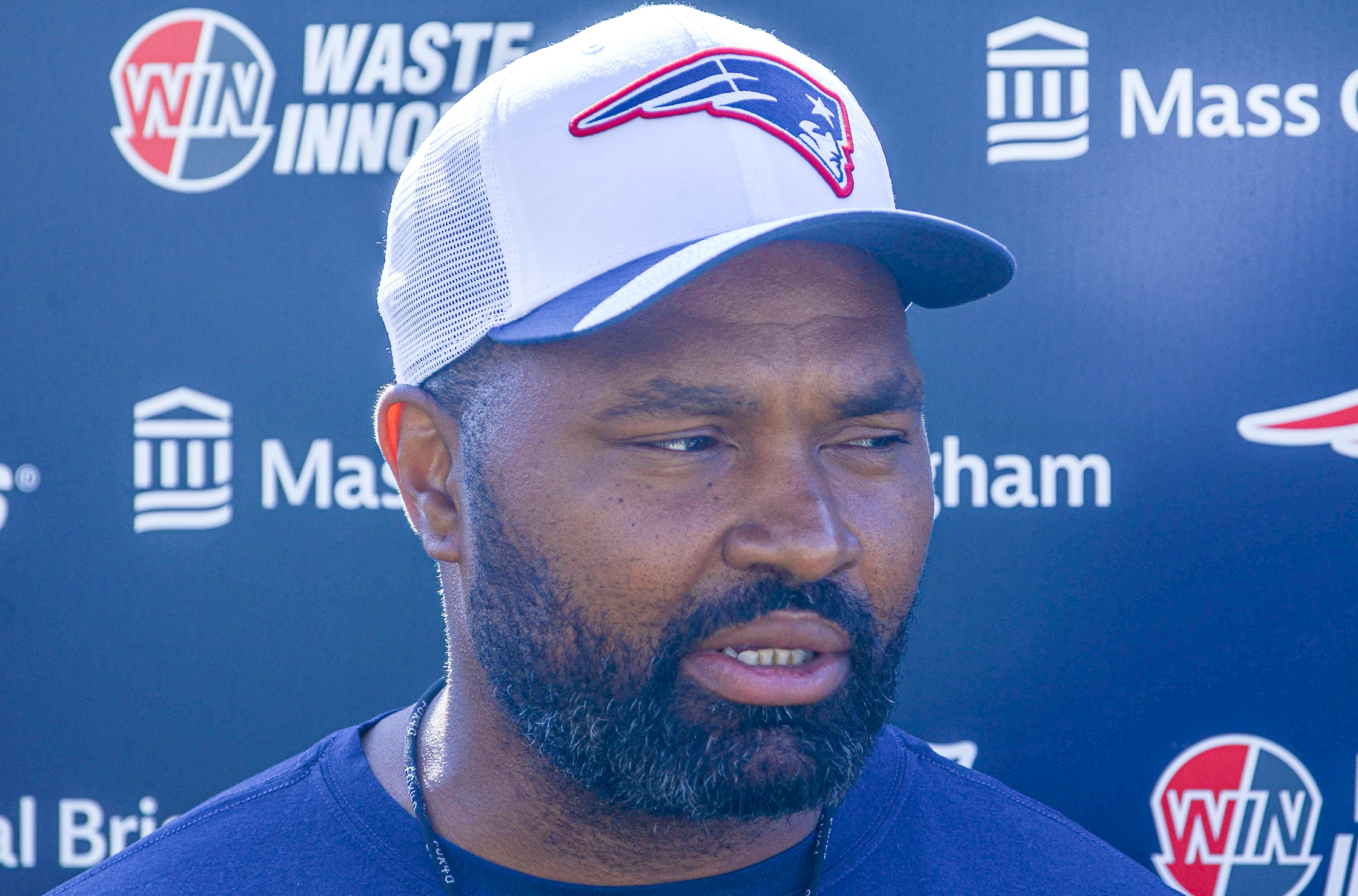 Patriots head coach Jerod Mayo speaks with reporters prior to practice on Friday - August 23, 2024
