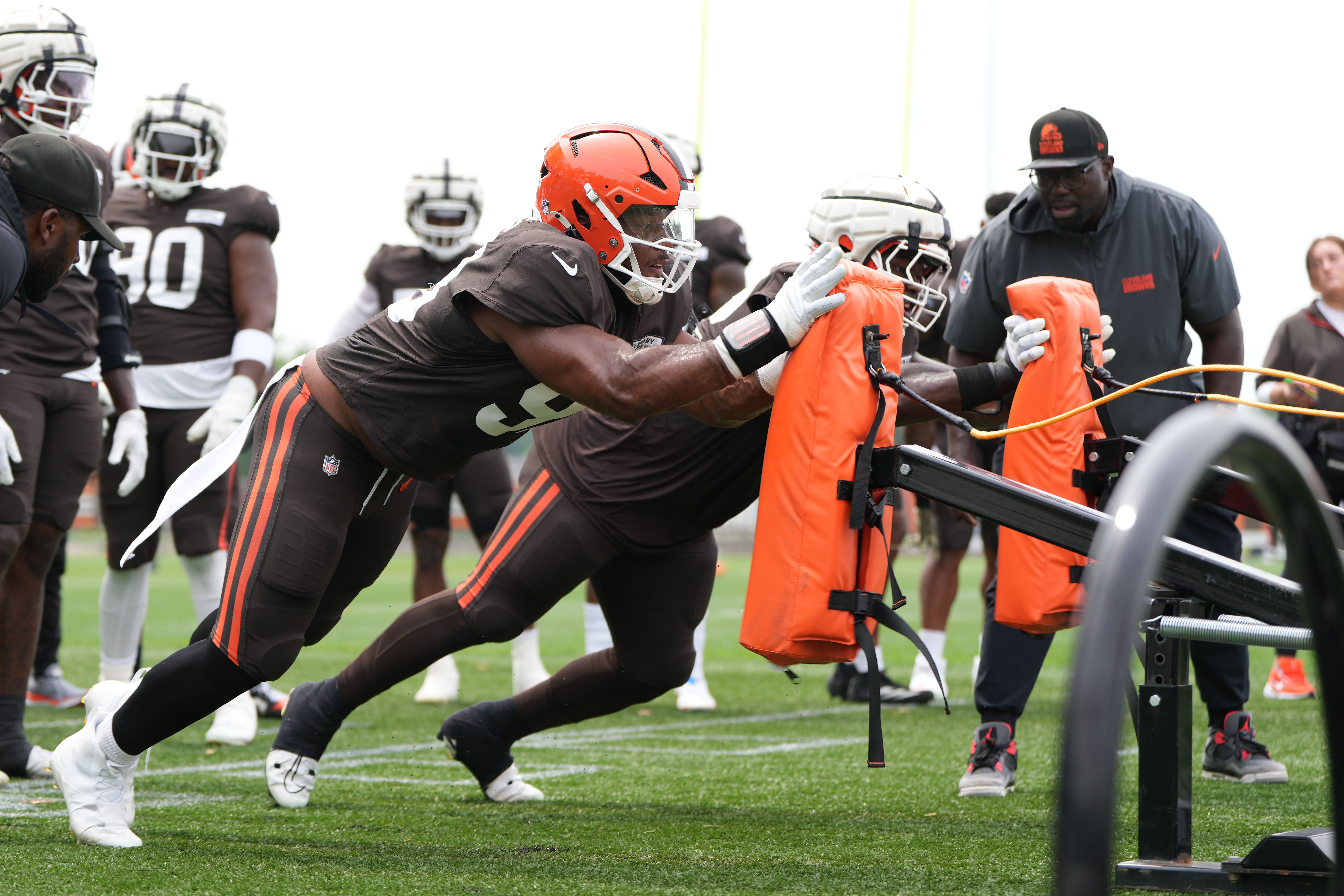 Aug 5, 2024; Cleveland Browns defensive tackle Chris Williams (98) pushes the sled during practice at the Browns training facility in Berea, Ohio.