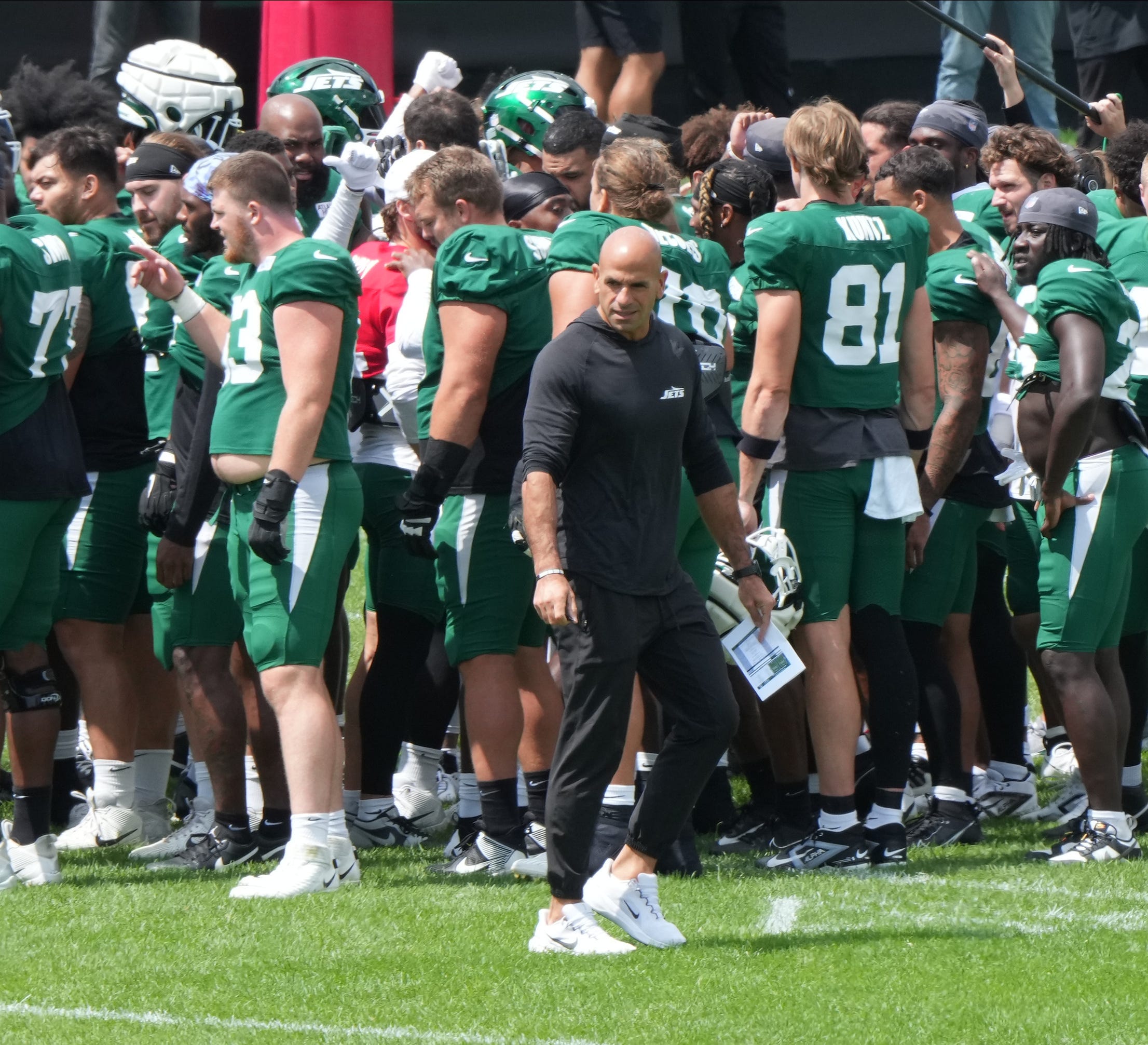 Jets head coach Robert Saleh during practice. The New York Giants came to the Atlantic Health Jets Training Center in Florham Park, New Jersey to take part in a joint practice with the New York Jets.