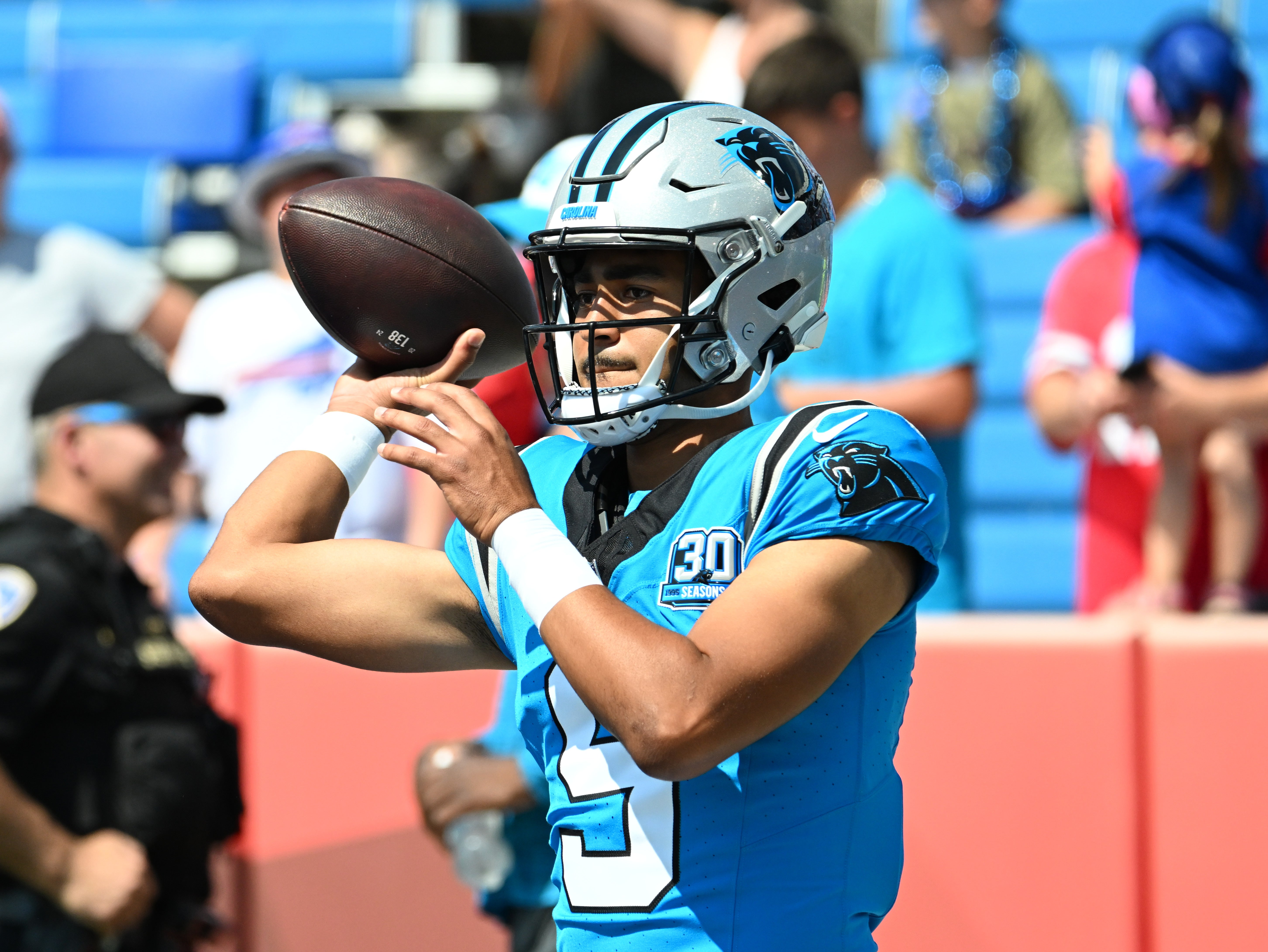 Aug 24, 2024; Orchard Park, New York, USA; Carolina Panthers quarterback Bryce Young (9) warms up before a pre-season game against the Buffalo Billsat Highmark Stadium. Mandatory Credit: Mark Konezny-USA TODAY Sports