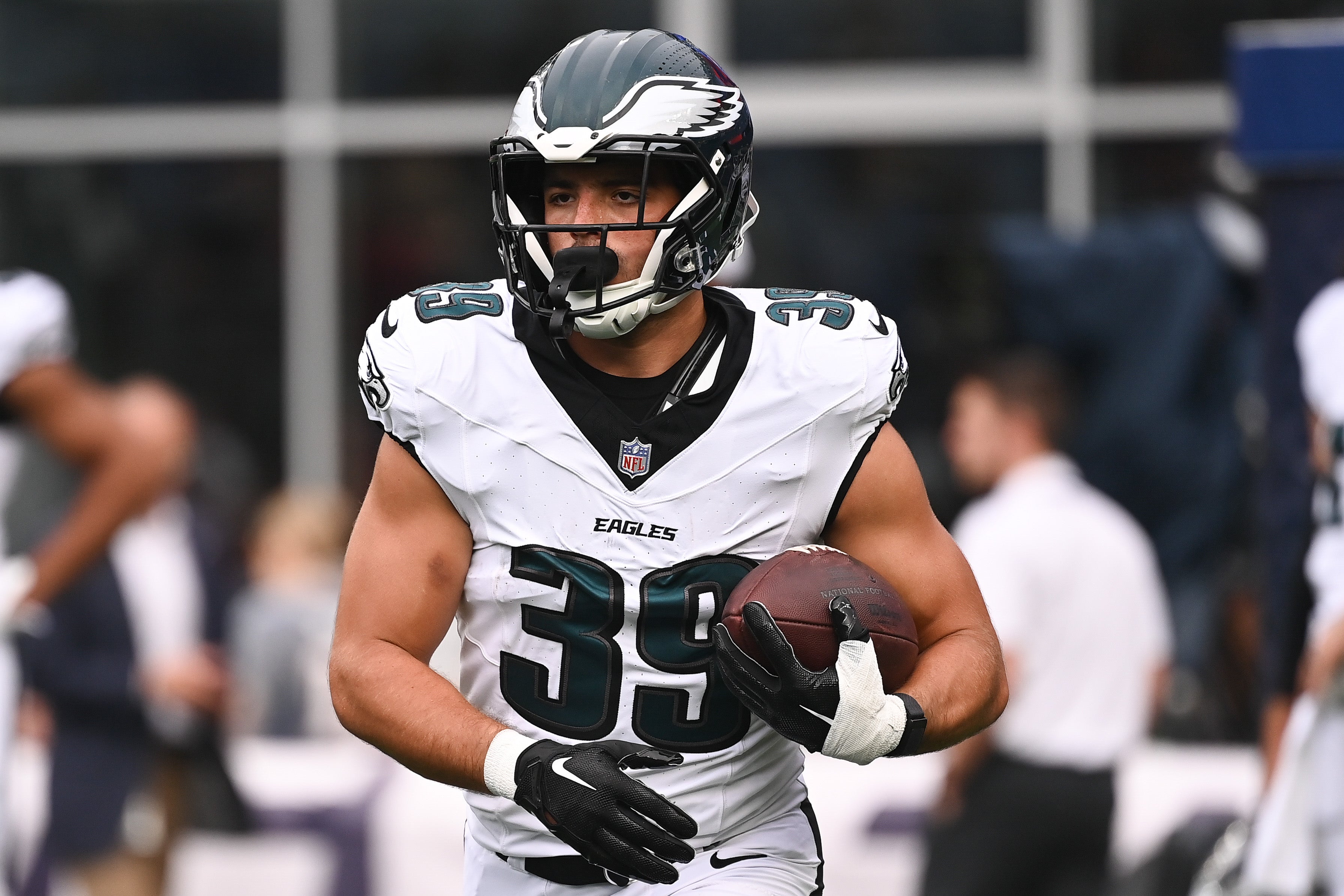 Philadelphia Eagles running back Will Shipley (39) warms up before a game against the New England Patriots at Gillette Stadium.