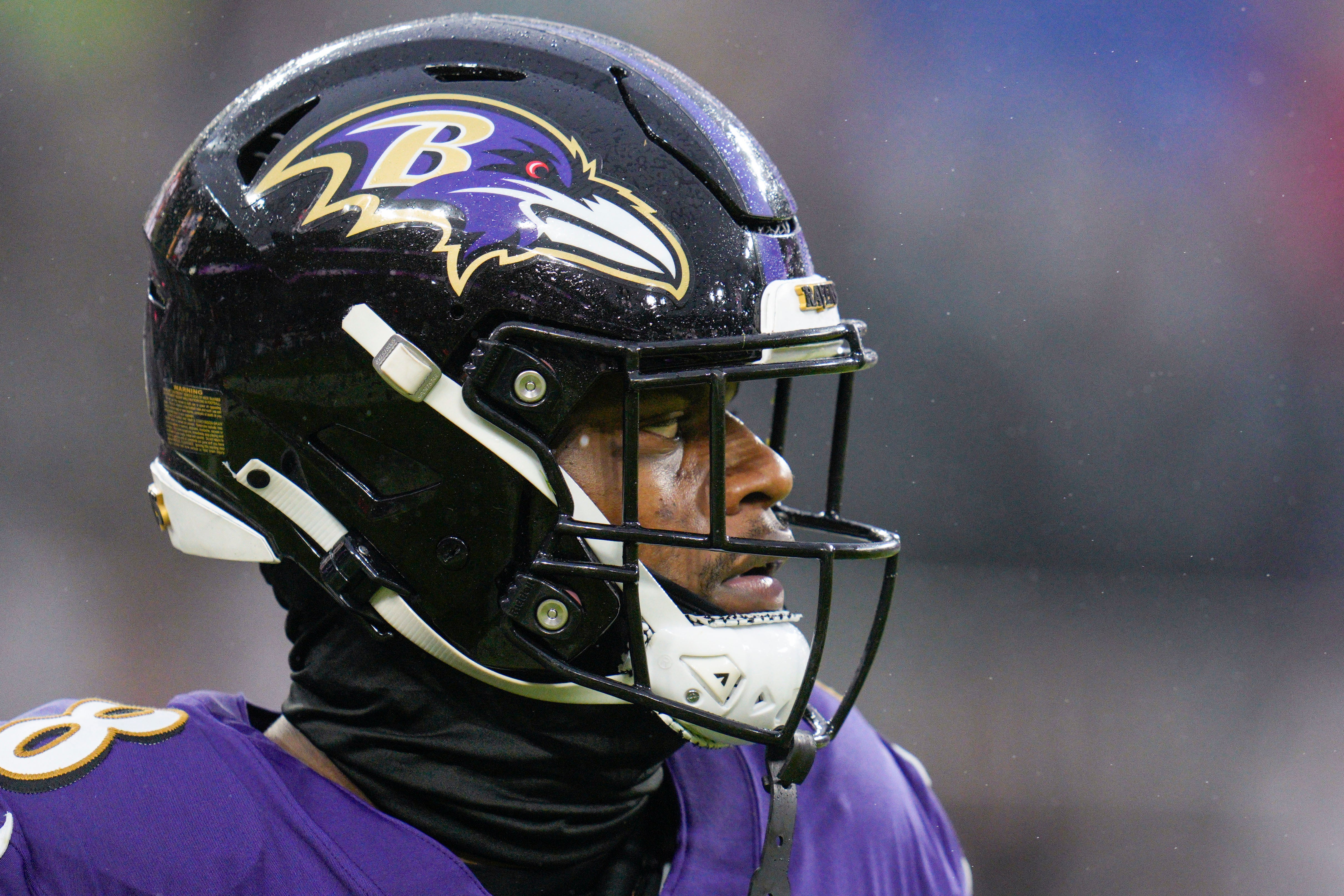 Dec 10, 2023; Baltimore, Maryland, USA; Baltimore Ravens quarterback Lamar Jackson (8) looks on during the third quarter against the Los Angeles Rams at M&T Bank Stadium. Mandatory Credit: Jessica Rapfogel-USA TODAY Sports