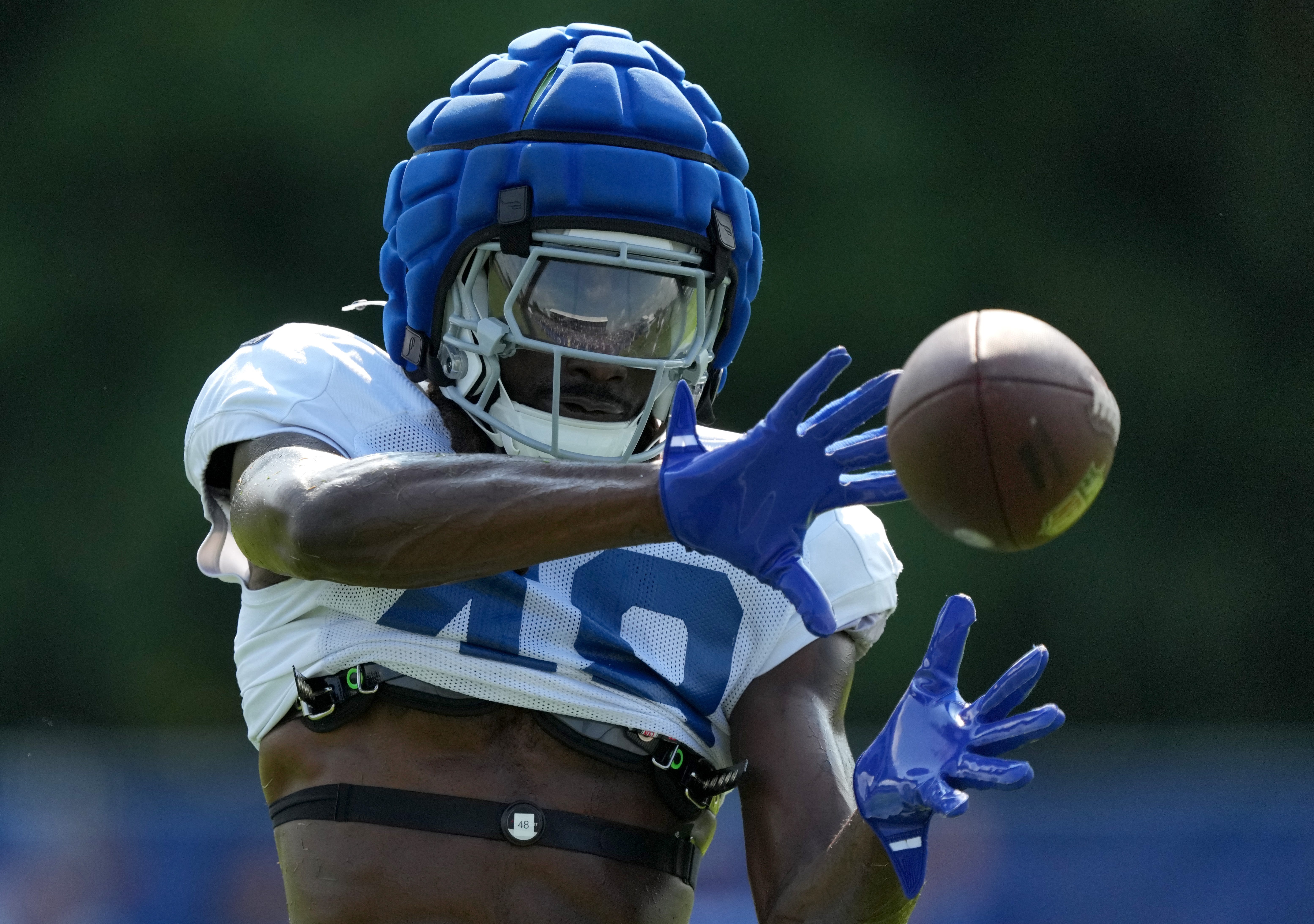 Indianapolis Colts safety Ronnie Harrison Jr. (48) catches the ball during training camp Tuesday, July 30, 2024, at Grand Park Sports Complex in Westfield.