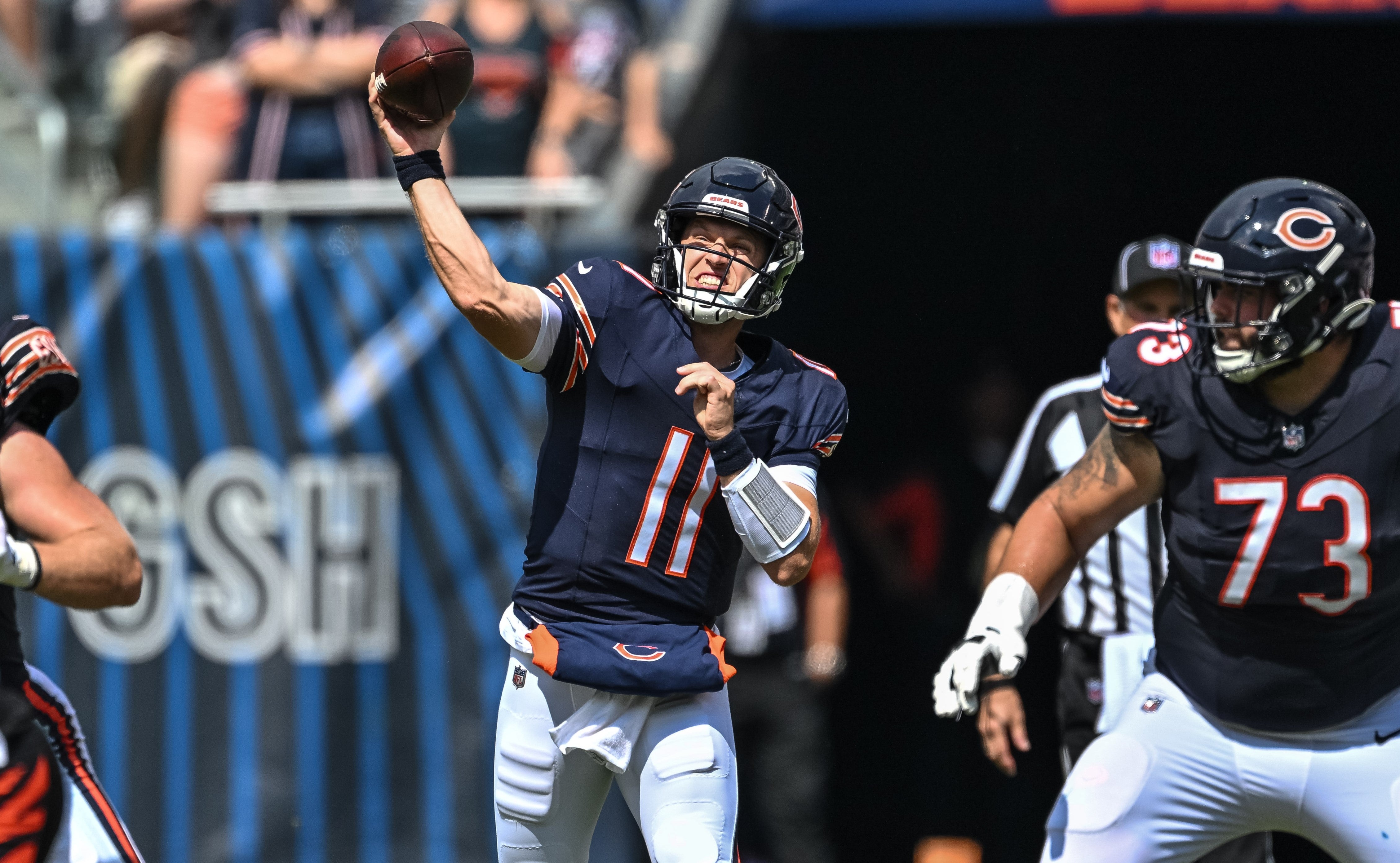 Aug 17, 2024; Chicago, Illinois, USA; Chicago Bears quarterback Brett Rypien (11) passes the ball against the Cincinnati Bengals during the fourth quarter at Soldier Field.