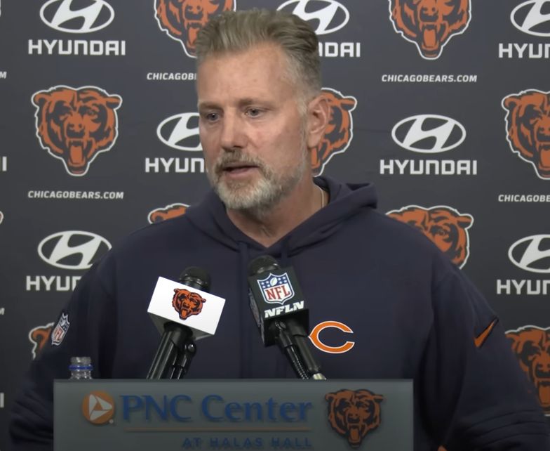 Matt Eberflus addresses the media following Saturday's practice at Halas Hall.