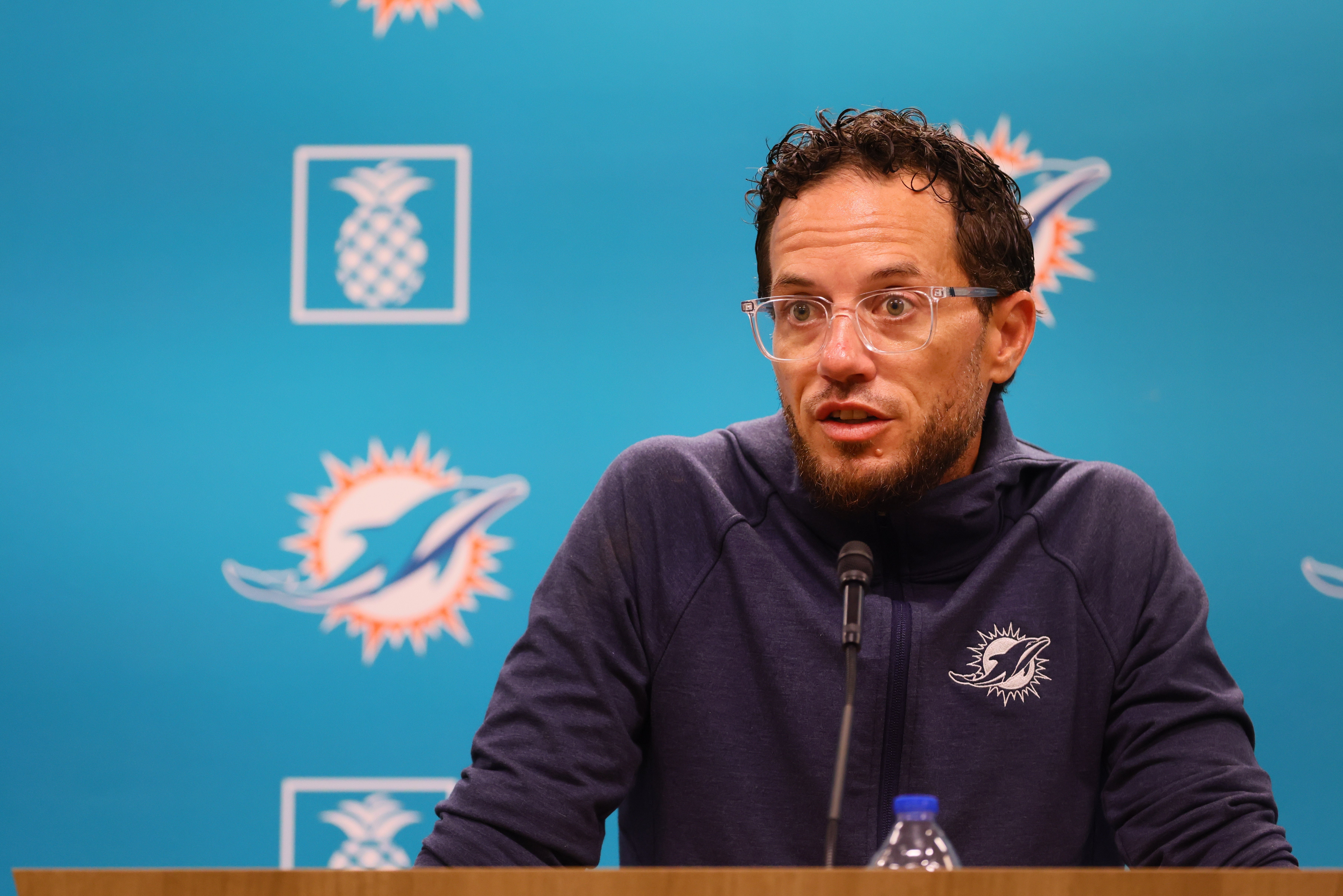 Jul 28, 2024; Miami Gardens, FL, USA; Miami Dolphins head coach Mike McDaniel talks to reporters during a press conference at Baptist Health Training Complex.