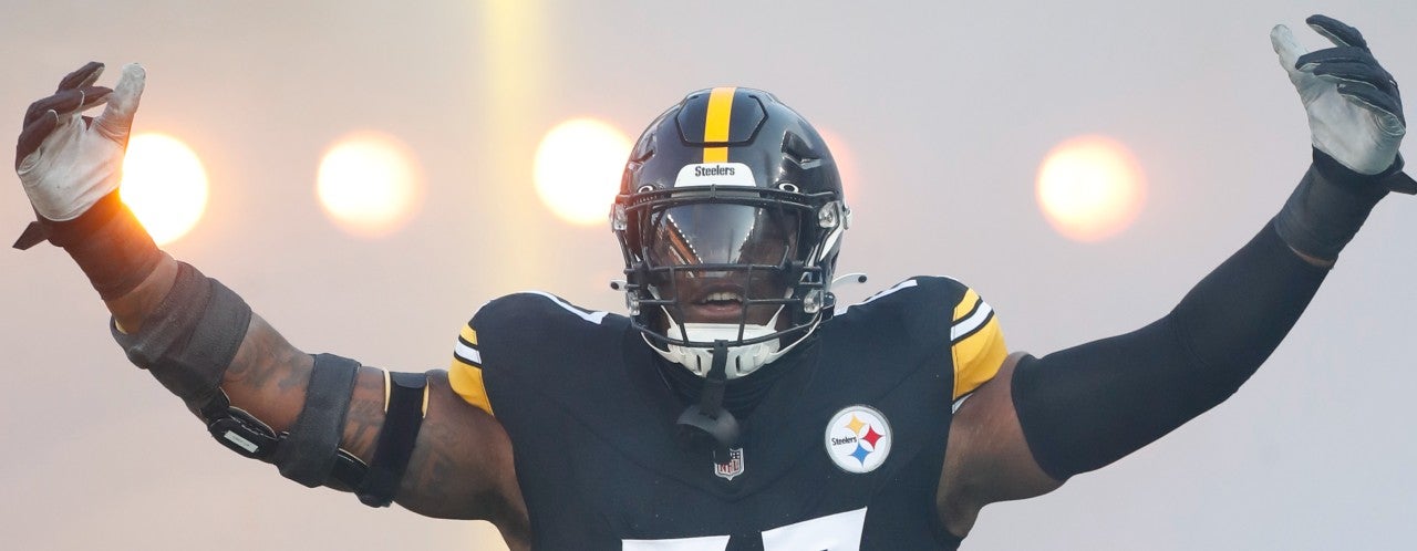 Aug 9, 2024; Pittsburgh, Pennsylvania, USA; Pittsburgh Steelers offensive tackle Broderick Jones (77) reacts as he takes the field against the Houston Texans at Acrisure Stadium. Mandatory Credit: Charles LeClaire-USA TODAY Sports  
