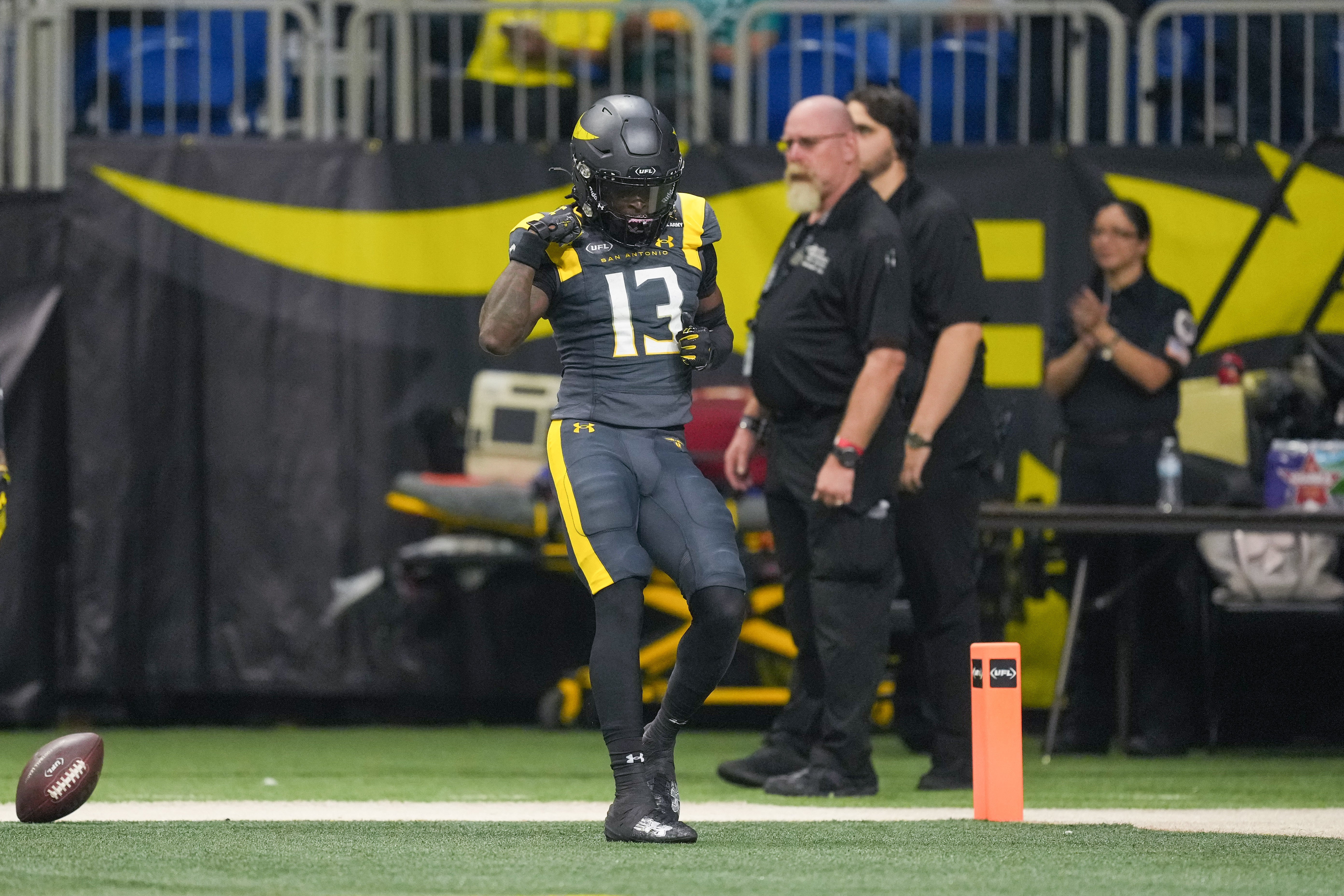 Mar 31, 2024; San Antonio, TX, USA; San Antonio Brahmas wide receiver Jontre Kirklin (13) celebrates a touchdown in the first half against the DC Defenders at The Alamodome.
