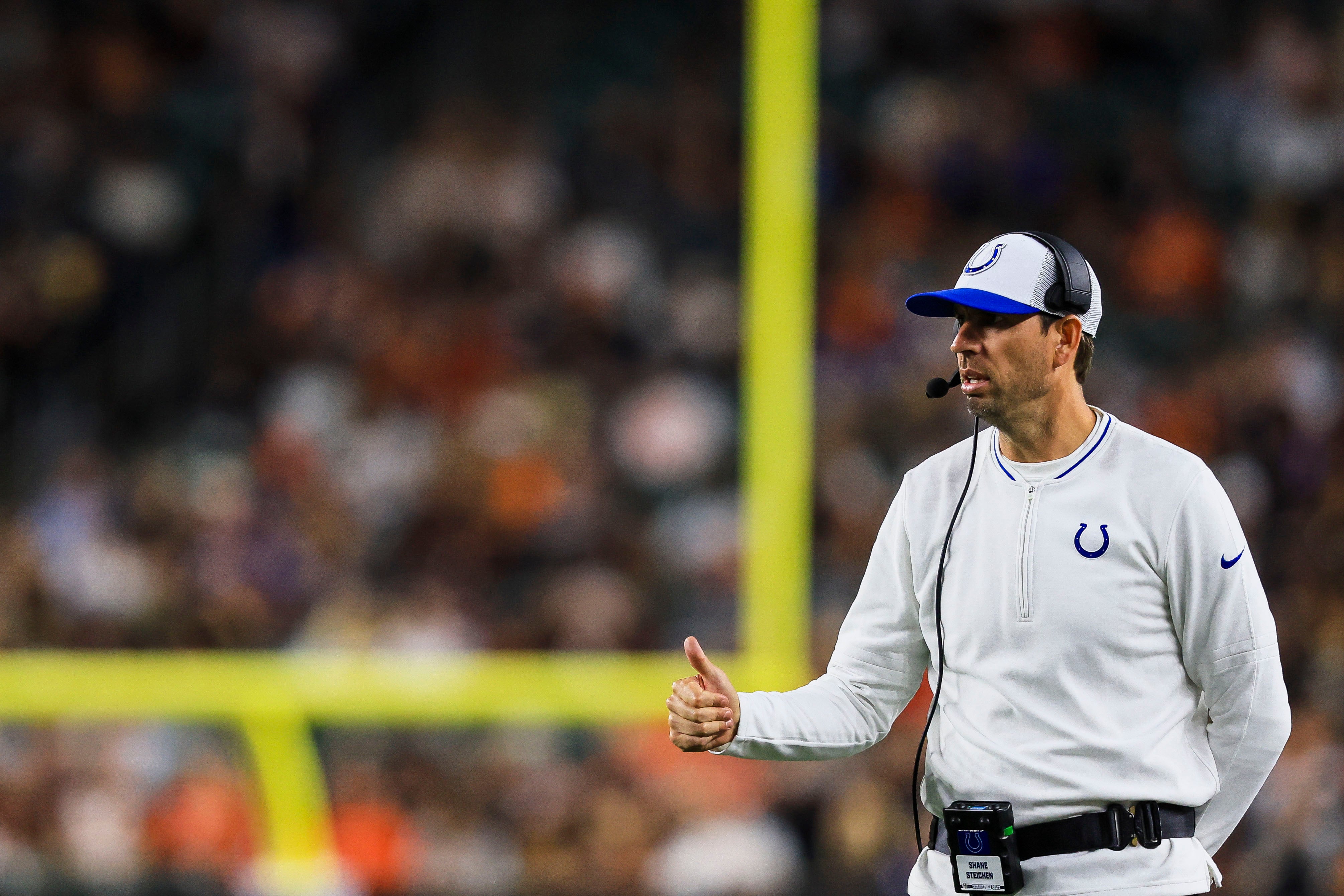 Aug 22, 2024; Cincinnati, Ohio, USA; Indianapolis Colts head coach Shane Steichen during the second half against the Cincinnati Bengals at Paycor Stadium.