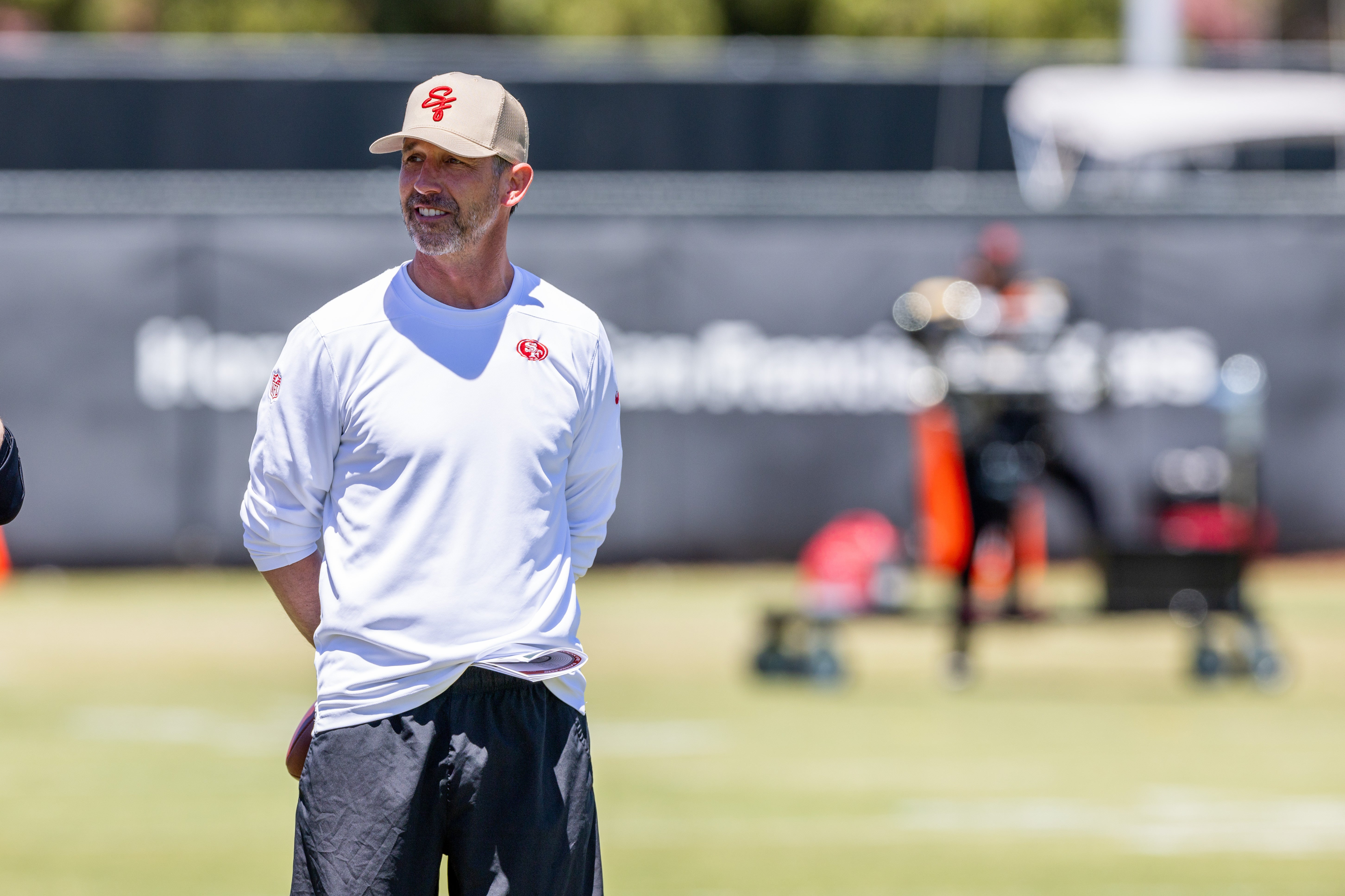 May 10, 2024; Santa Clara, CA, USA; San Francisco 49ers head coach Kyle Shanahan watches during the 49ers rookie minicamp at Levi’s Stadium in Santa Clara, CA.