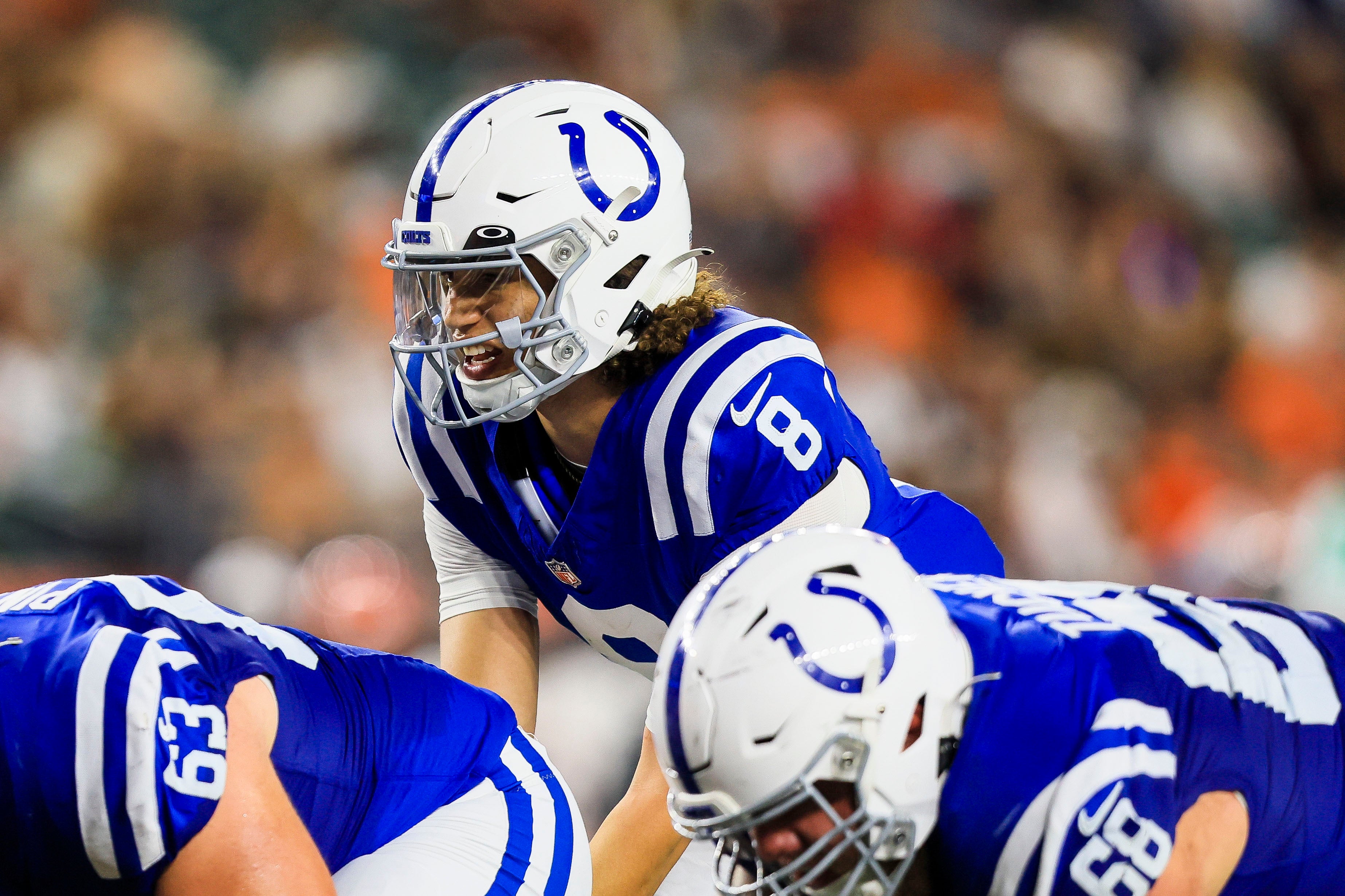 Aug 22, 2024; Cincinnati, Ohio, USA; Indianapolis Colts quarterback Jason Bean (8) snaps the ball against the Cincinnati Bengals in the second half at Paycor Stadium.