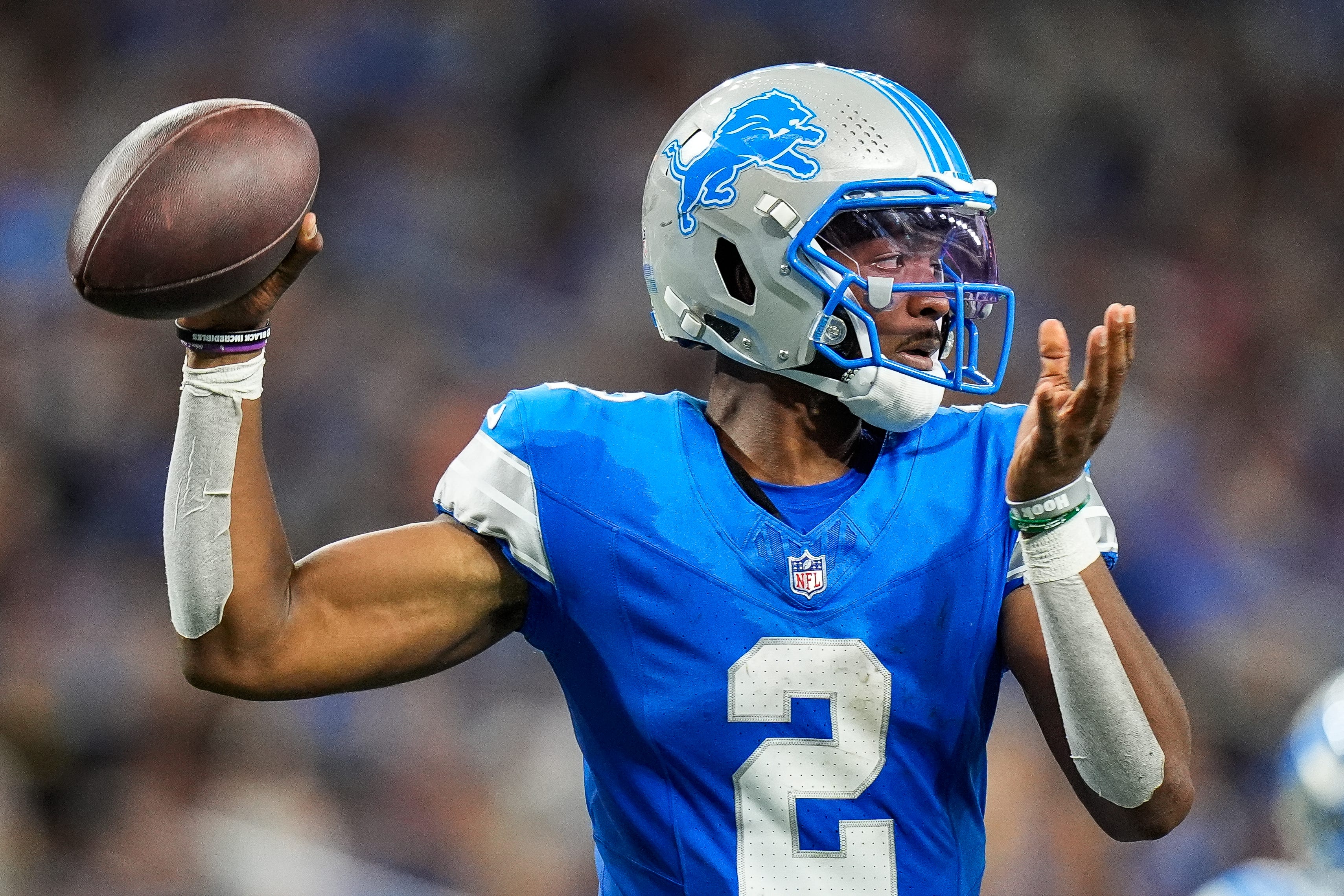 Detroit Lions quarterback Hendon Hooker (2) makes a pass against Pittsburgh Steelers during the second half of a preseason game at Ford Field in Detroit on Saturday, August 24, 2024.