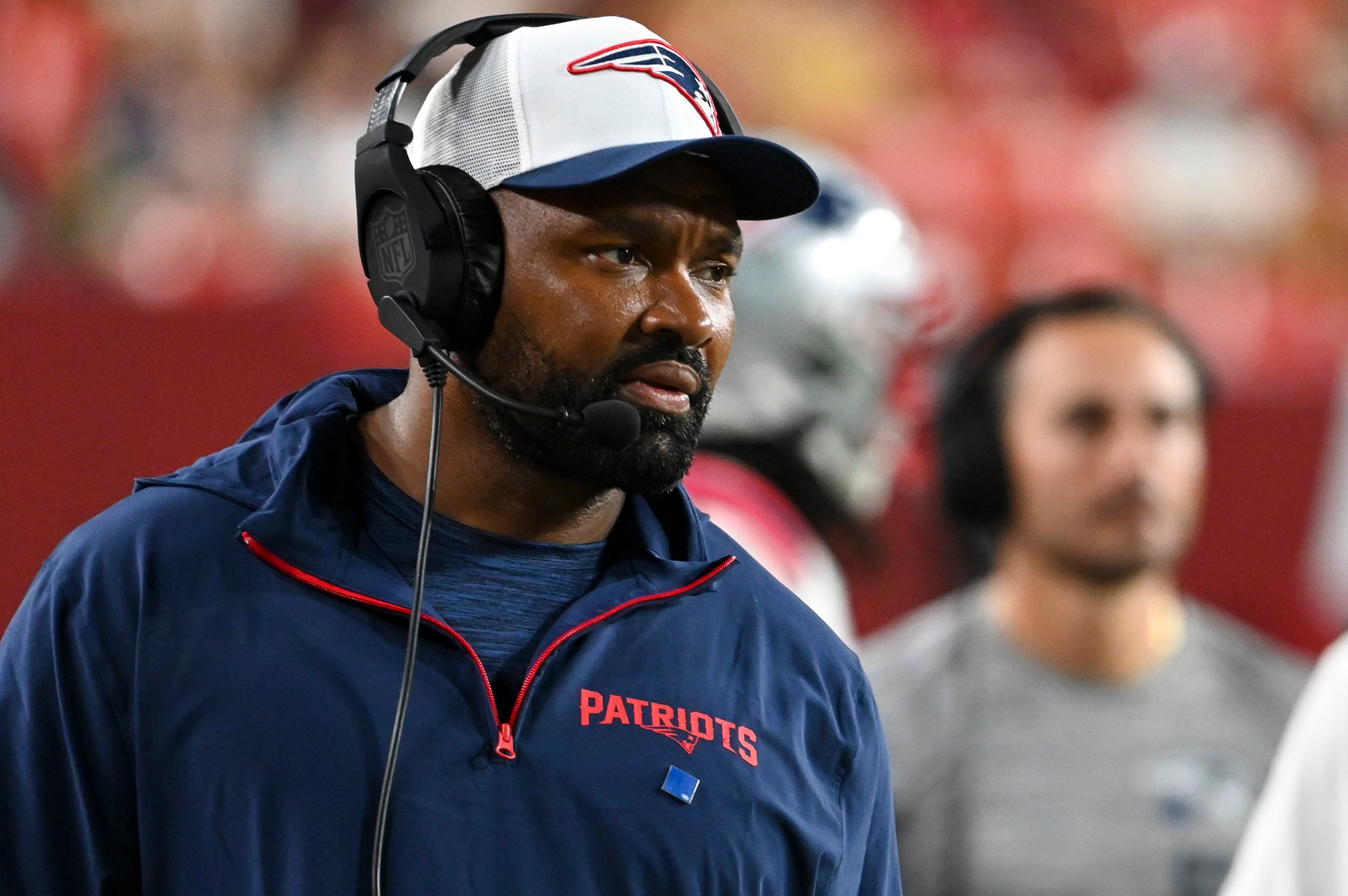 Aug 25, 2024; Landover, Maryland, USA; New England Patriots head coach Jerod Mayo during the second half against the Washington Commanders at Commanders Field