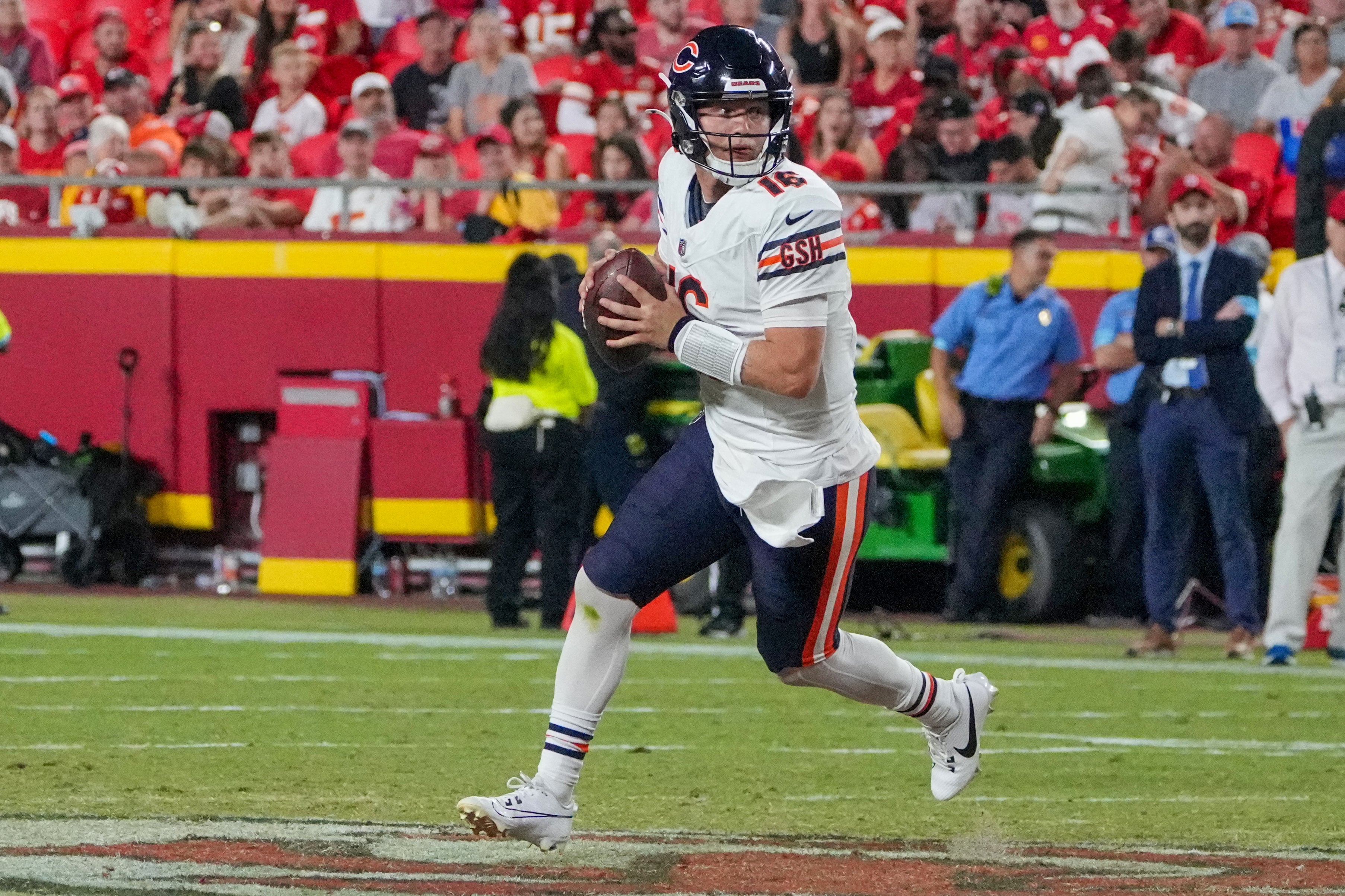 Aug 22, 2024; Kansas City, Missouri, USA; Chicago Bears quarterback Austin Reed (16) drops back to pass against the Kansas City Chiefs during the second half at GEHA Field at Arrowhead Stadium.
