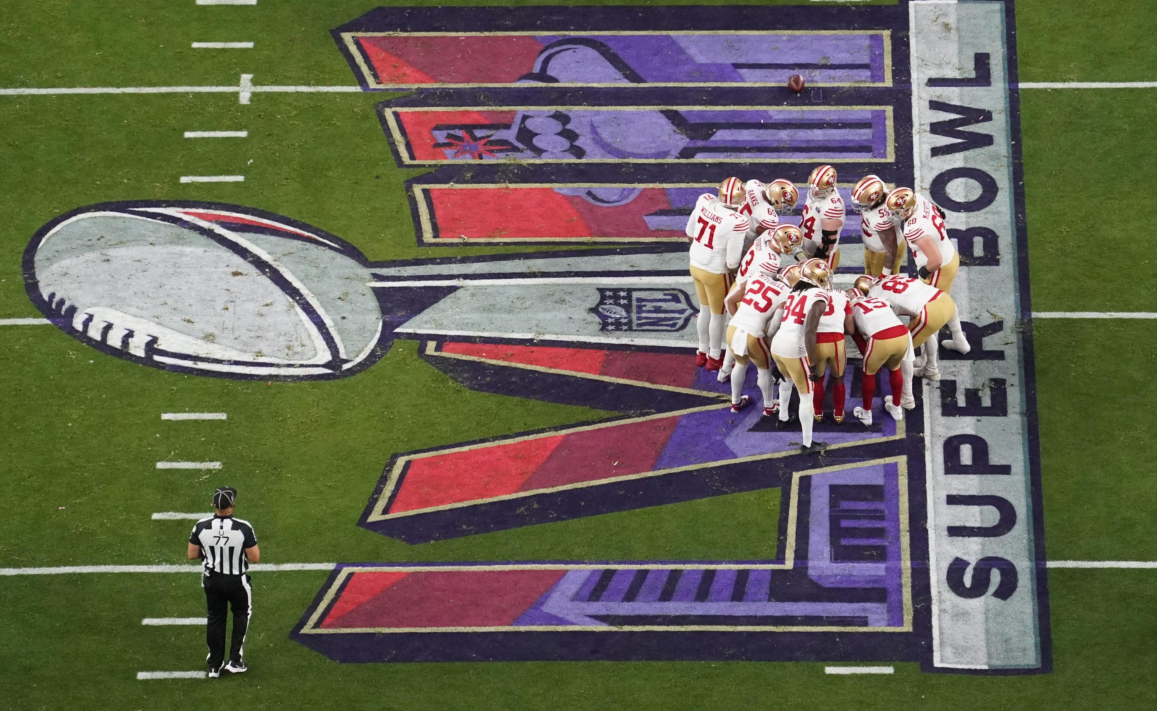 Feb 11, 2024; Paradise, Nevada, USA; The San Francisco 49ers huddle during the first quarter against the Kansas City Chiefs in Super Bowl LVIII at Allegiant Stadium.