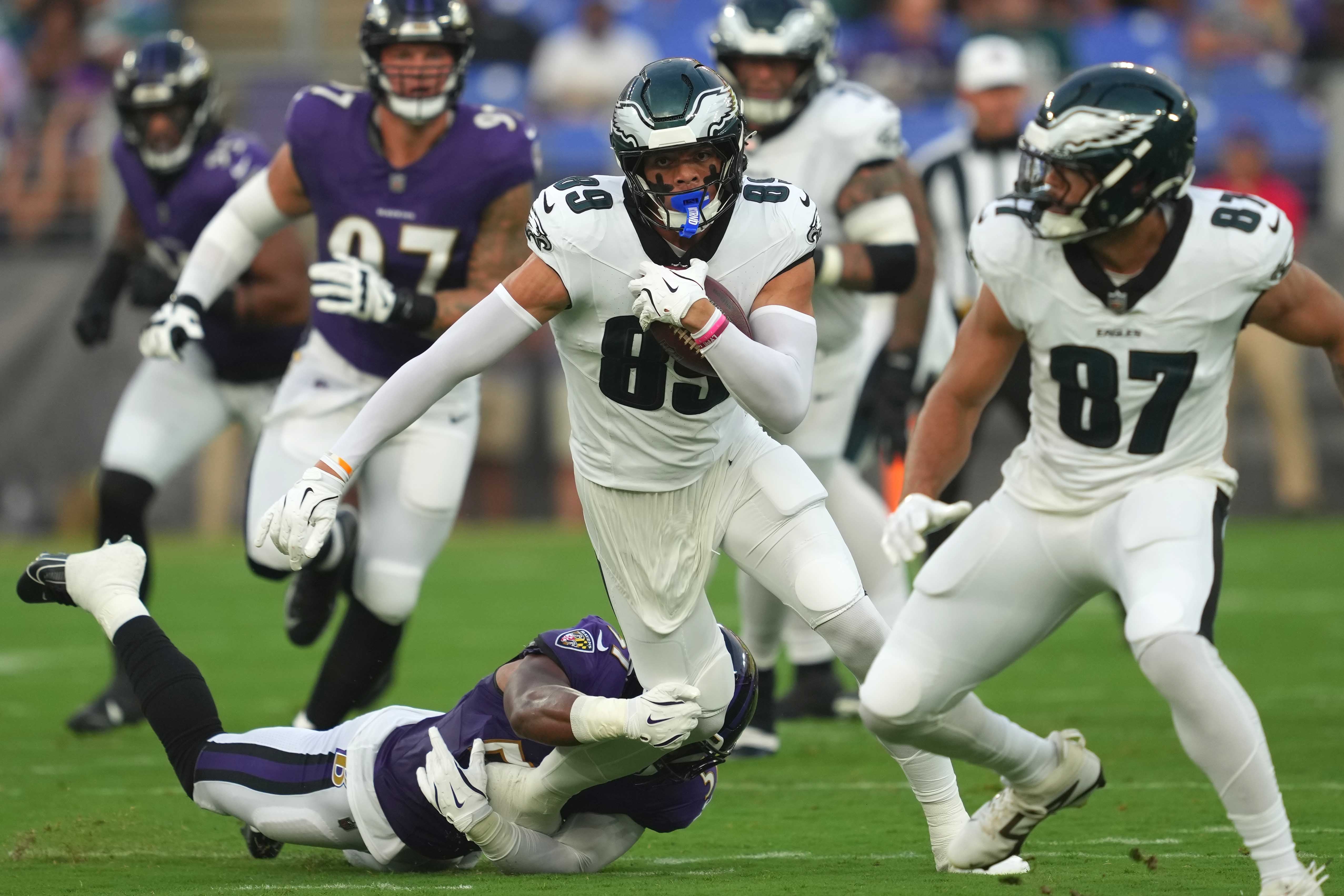 Philadelphia Eagles wide receiver Johnny Wilson (89) gains yards after his first quarter catch against the Baltimore Ravens at M&T Bank Stadium.