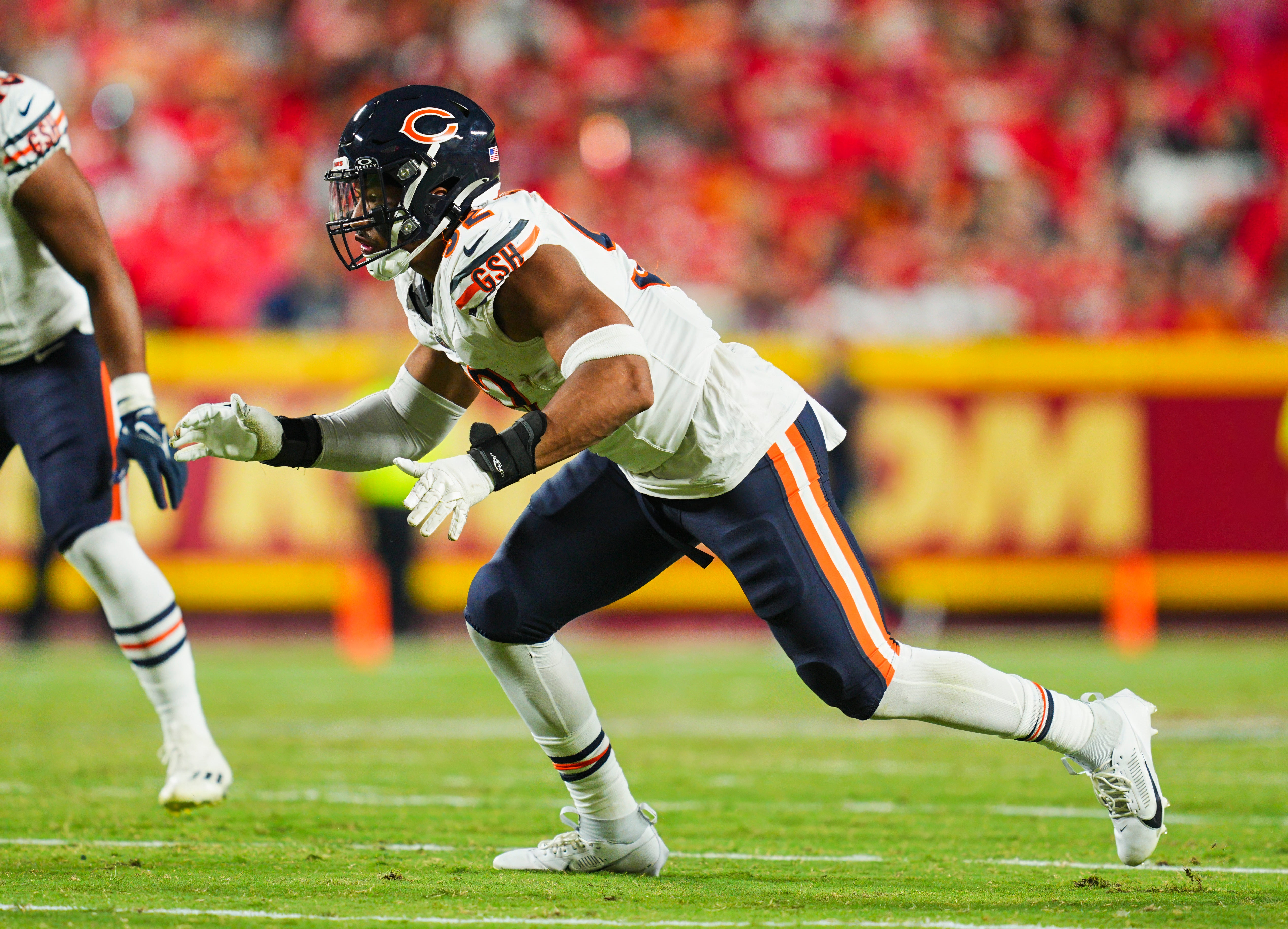 Aug 22, 2024; Kansas City, Missouri, USA; Chicago Bears defensive end Daniel Hardy (92) defends during the second half against the Kansas City Chiefs at GEHA Field at Arrowhead Stadium.