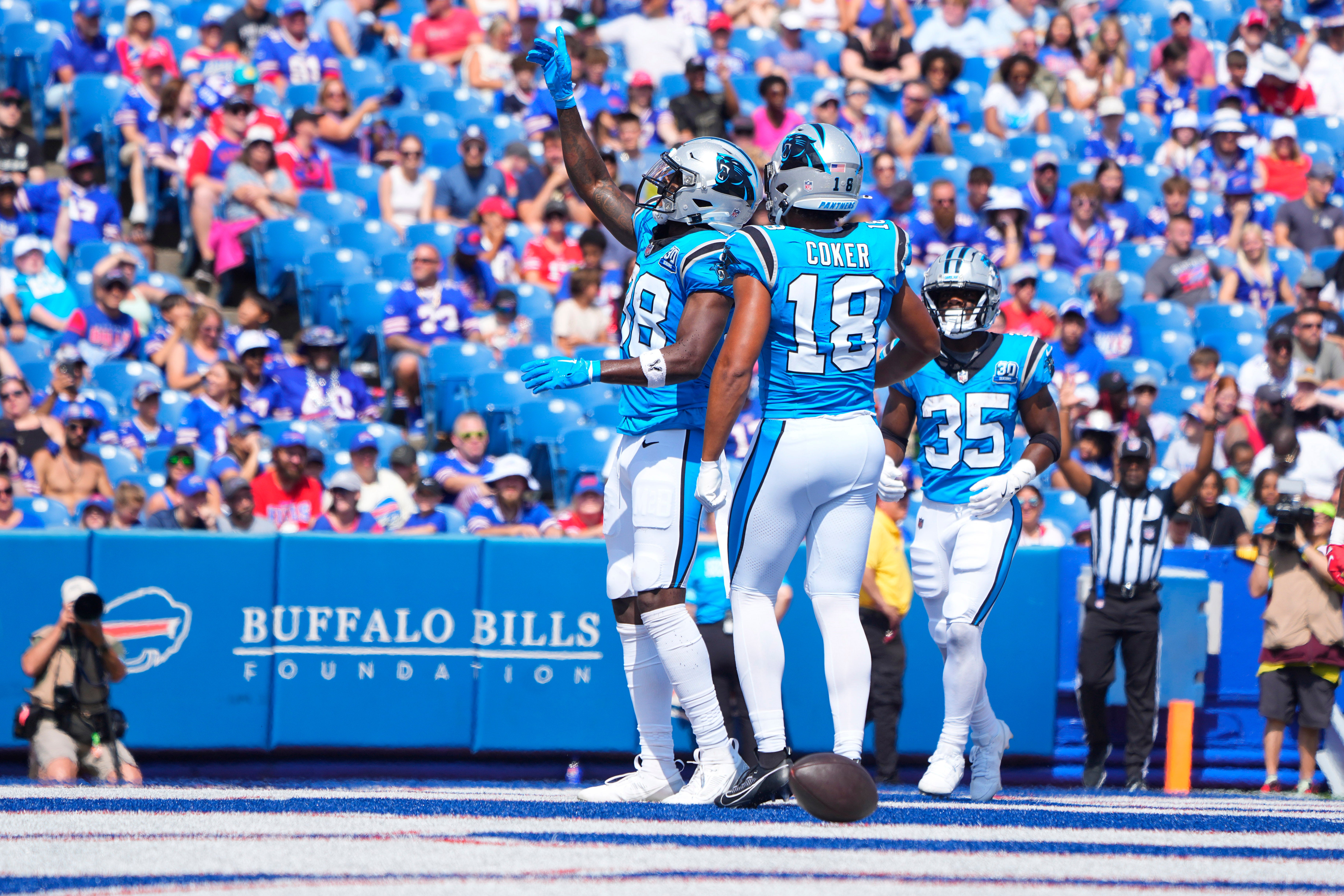Aug 24, 2024; Orchard Park, New York, USA; Carolina Panthers wide receiver Terrace Marshall Jr. (88) reacts to scoring a touchdown along with Carolina Panthers wide receiver Jalen Coker (18) against the Buffalo Bills during the second half at Highmark Stadium. Mandatory Credit: Gregory Fisher-USA TODAY Sports