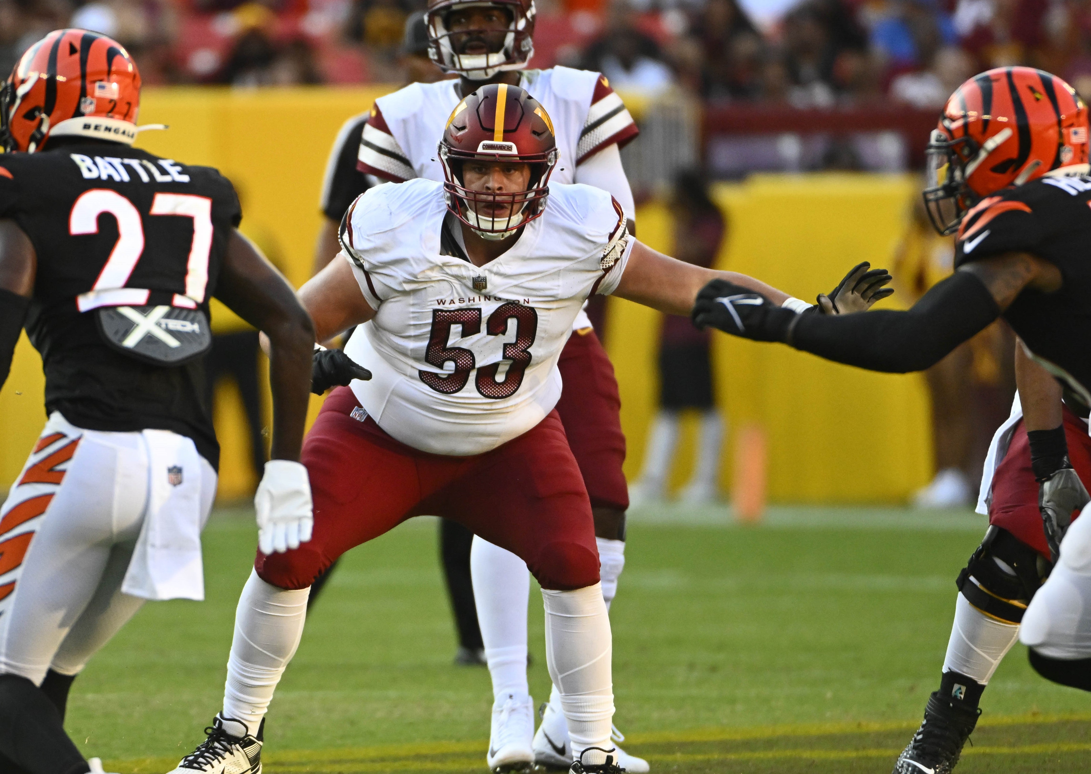 Aug 26, 2023; Landover, Maryland, USA; Washington Commanders center Ricky Stromberg (53) prepares to block against the Cincinnati Bengals during the first half at FedExField.