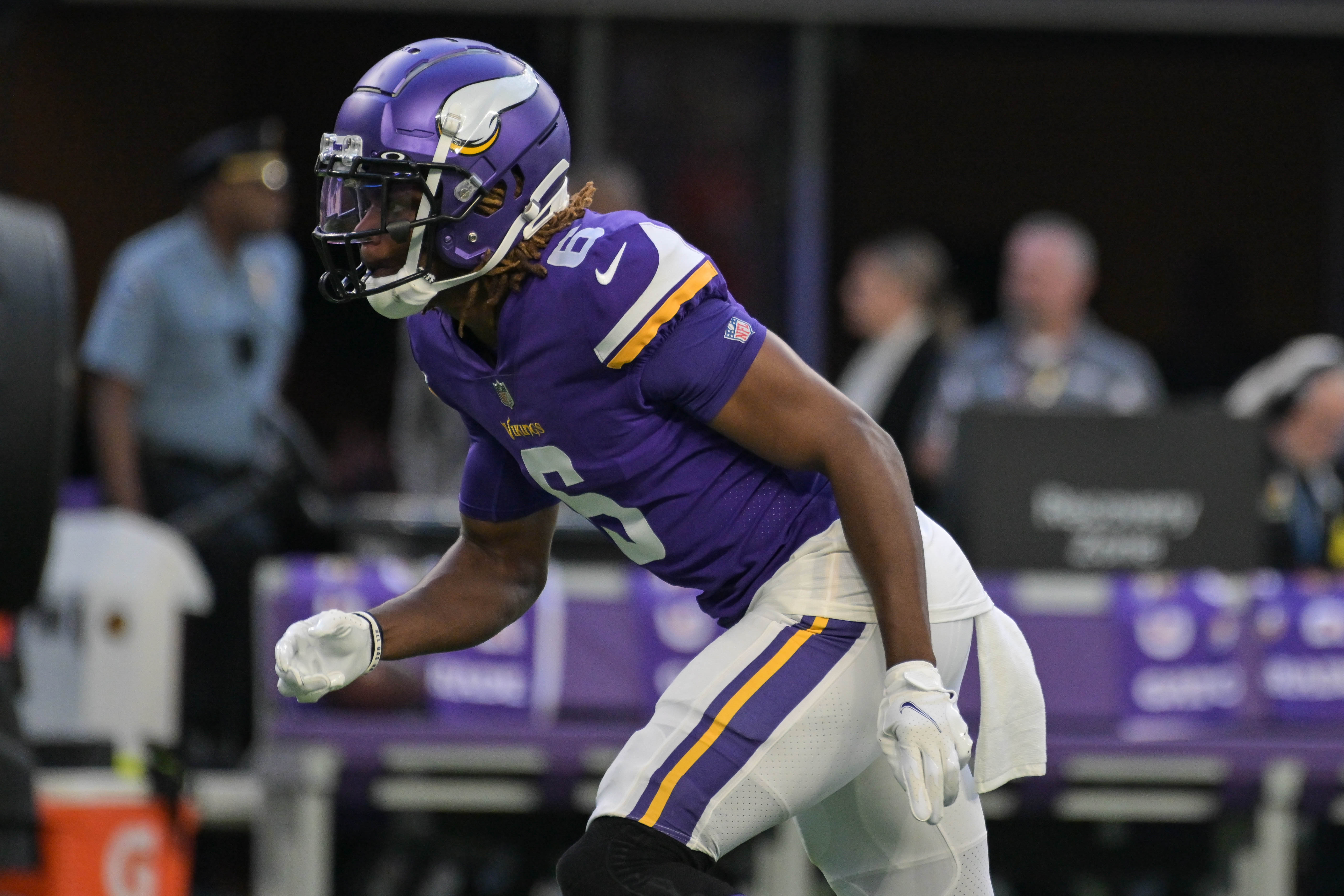 Aug 20, 2022; Minneapolis, Minnesota, USA; Minnesota Vikings safety Lewis Cine (6) warms up before the game against the San Francisco 49ers at U.S. Bank Stadium.
