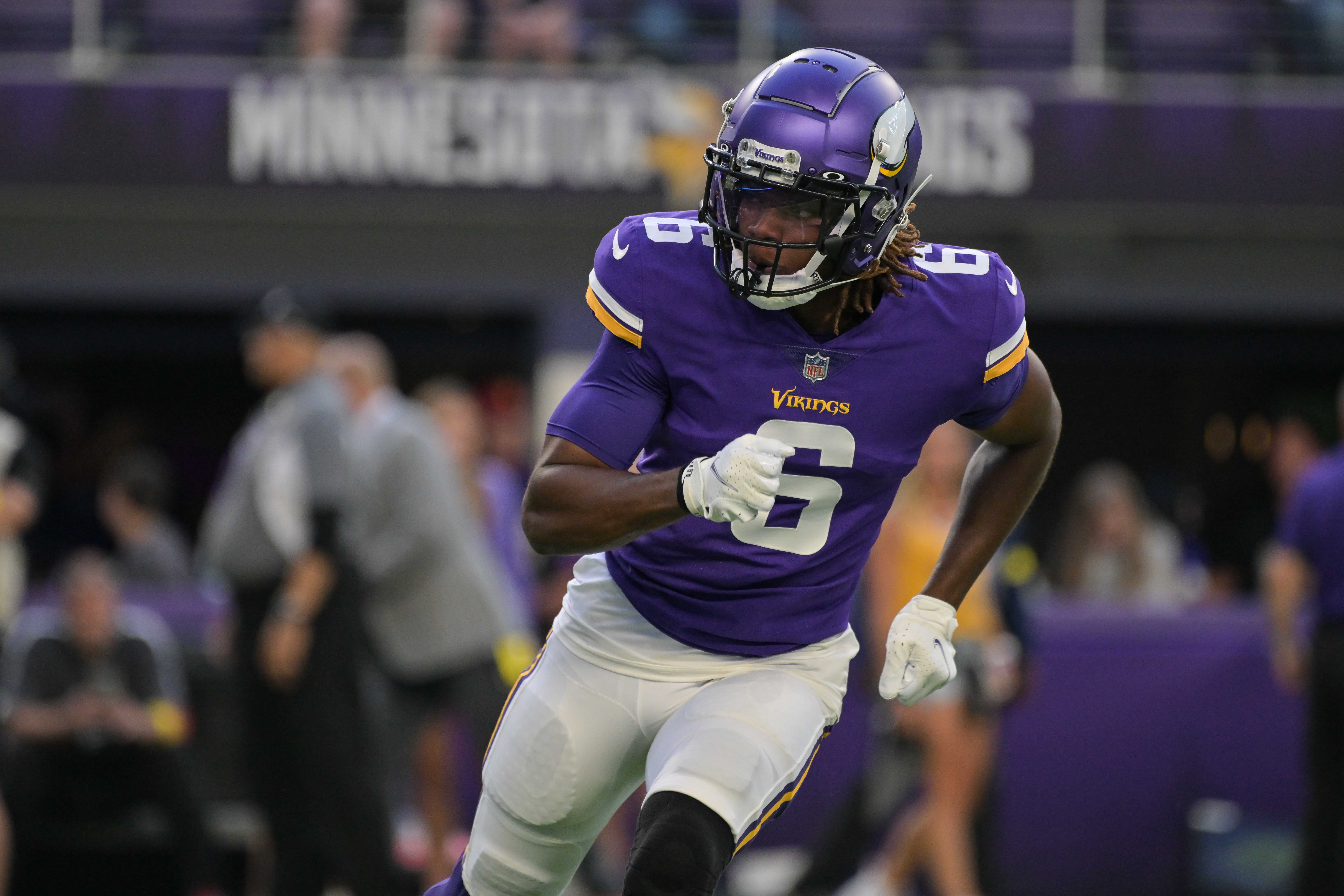 Aug 20, 2022; Minneapolis, Minnesota, USA; Minnesota Vikings safety Lewis Cine (6) warms up before the game against the San Francisco 49ers at U.S. Bank Stadium. Mandatory Credit: Jeffrey Becker-USA TODAY Sports  