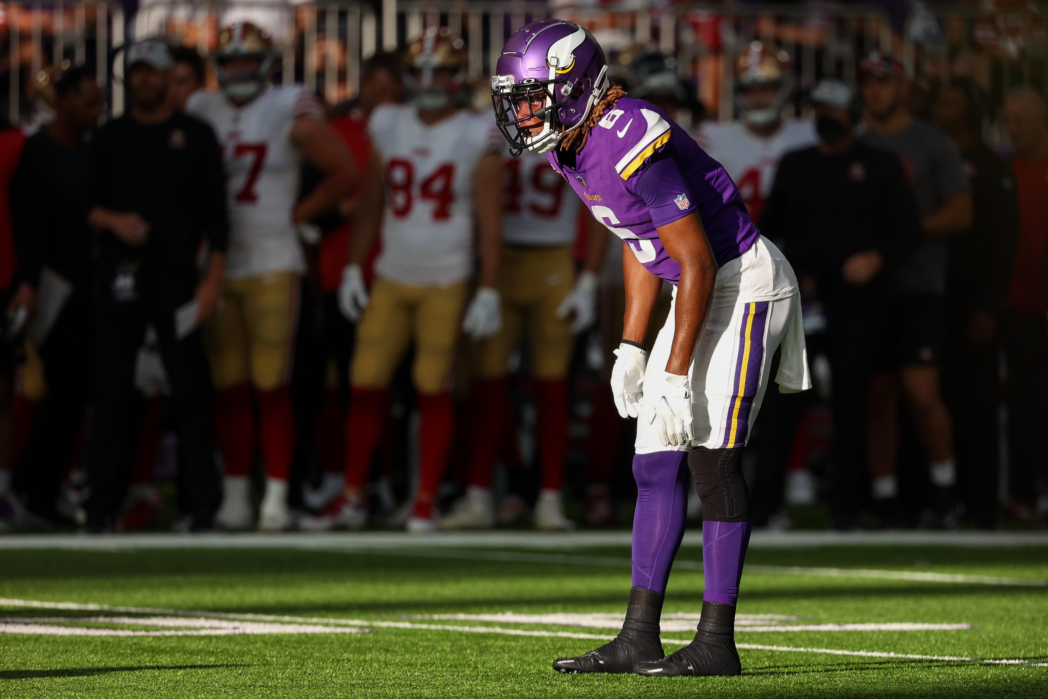 Aug 20, 2022; Minneapolis, Minnesota, USA; Minnesota Vikings safety Lewis Cine (6) lines up during the second quarter against the San Francisco 49ers at U.S. Bank Stadium.