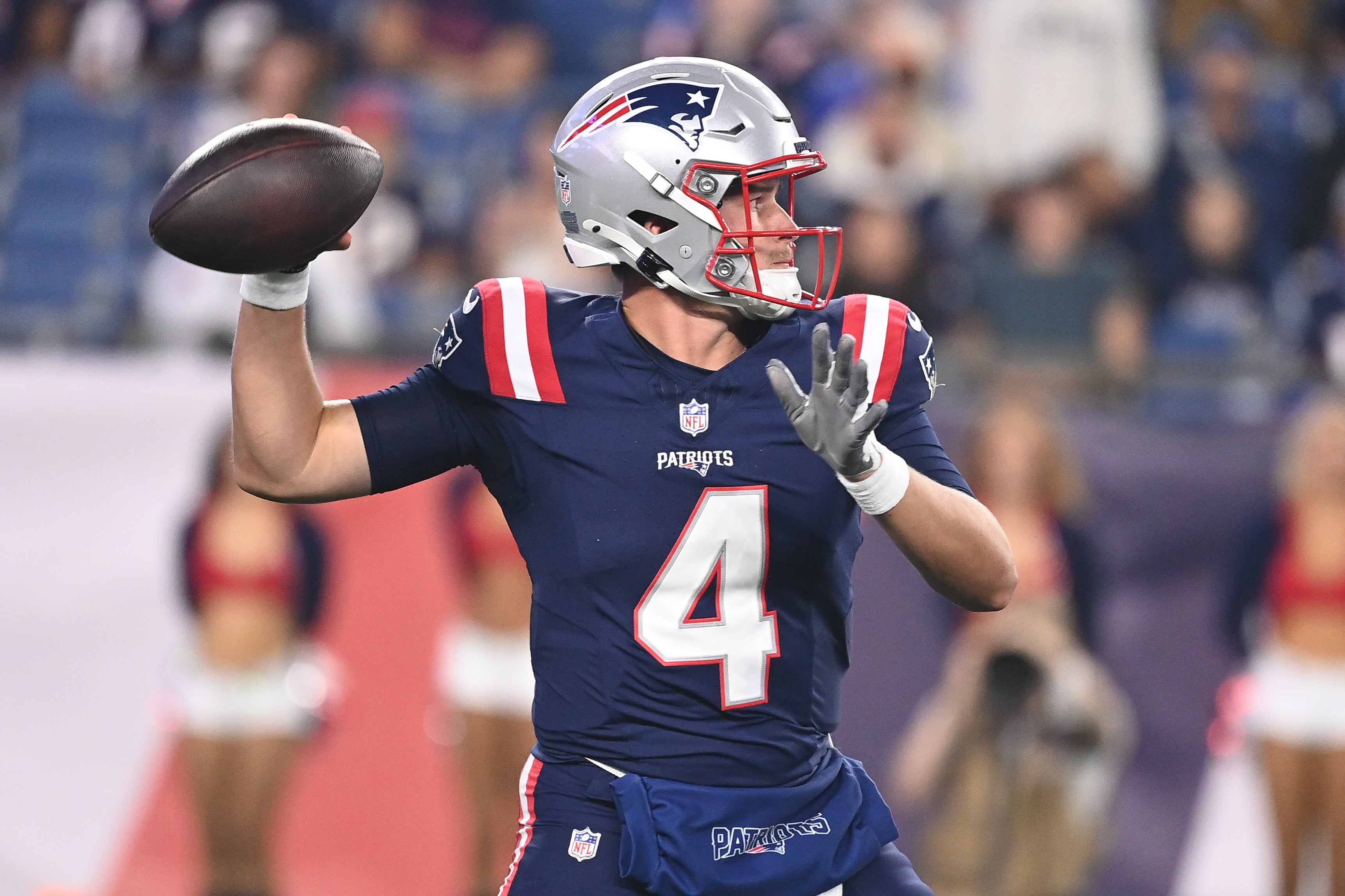 Aug 15, 2024; Foxborough, MA, USA; New England Patriots quarterback Bailey Zappe (4) throws a pass against the Philadelphia Eagles during the second half at Gillette Stadium
