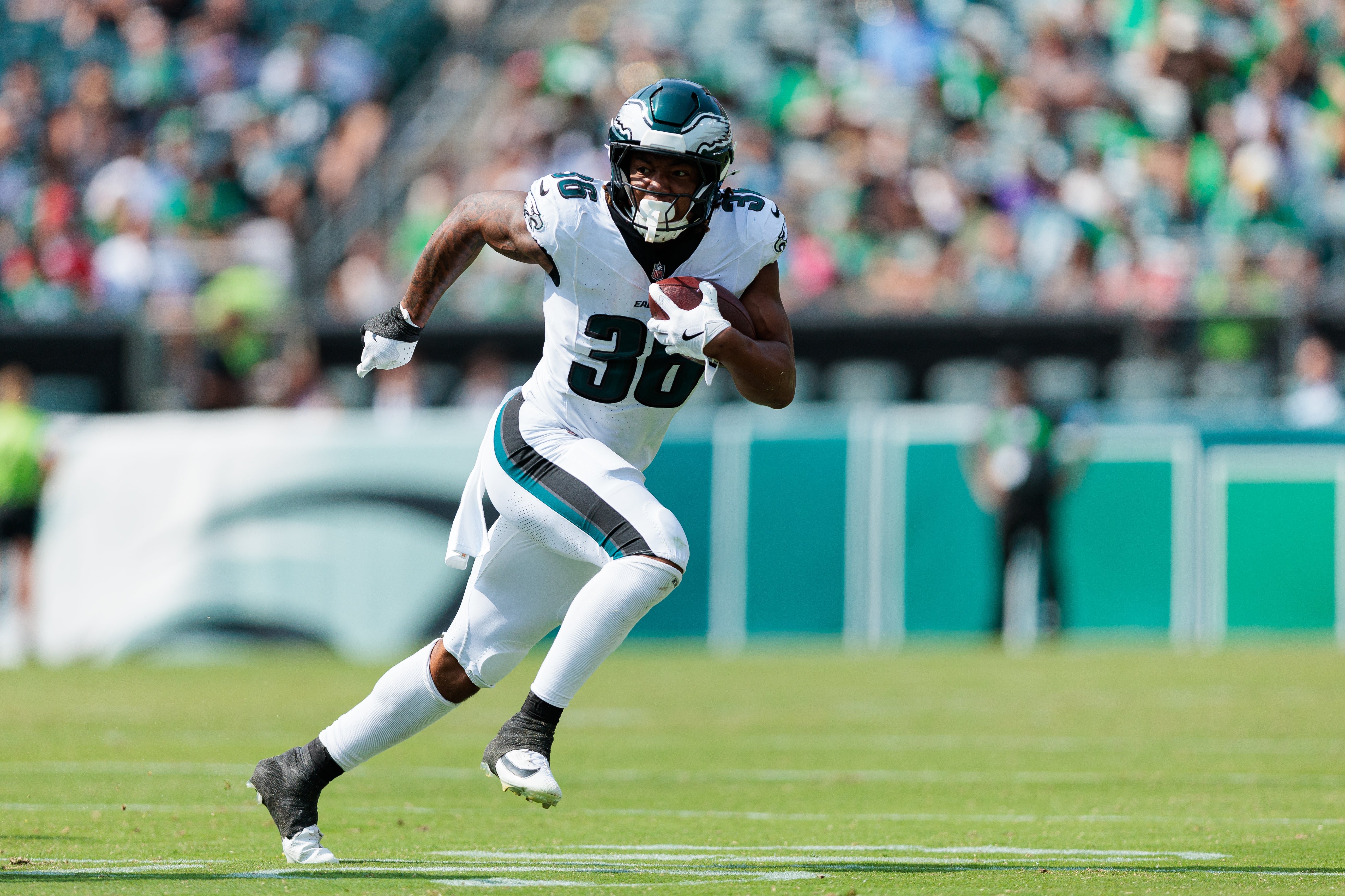 Philadelphia Eagles running back Kendall Milton (36) runs the ball against the Minnesota Vikings during the third quarter at Lincoln Financial Field.
