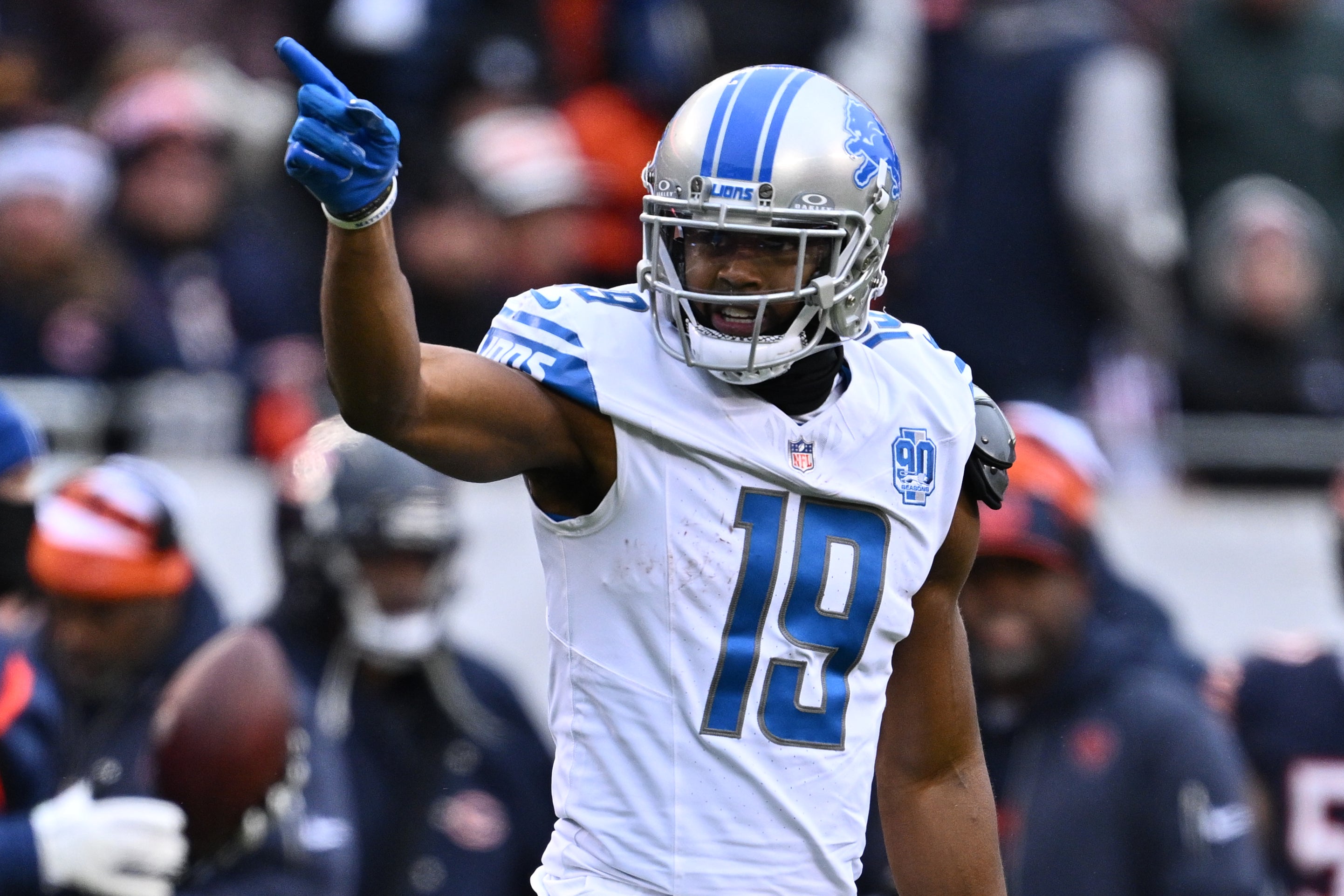 Dec 10, 2023; Chicago, Illinois, USA; Detroit Lions wide receiver Donovan Peoples-Jones (19) signals for a first down after picking up the needed yards on fourth down in the first half against the Chicago Bears at Soldier Field.