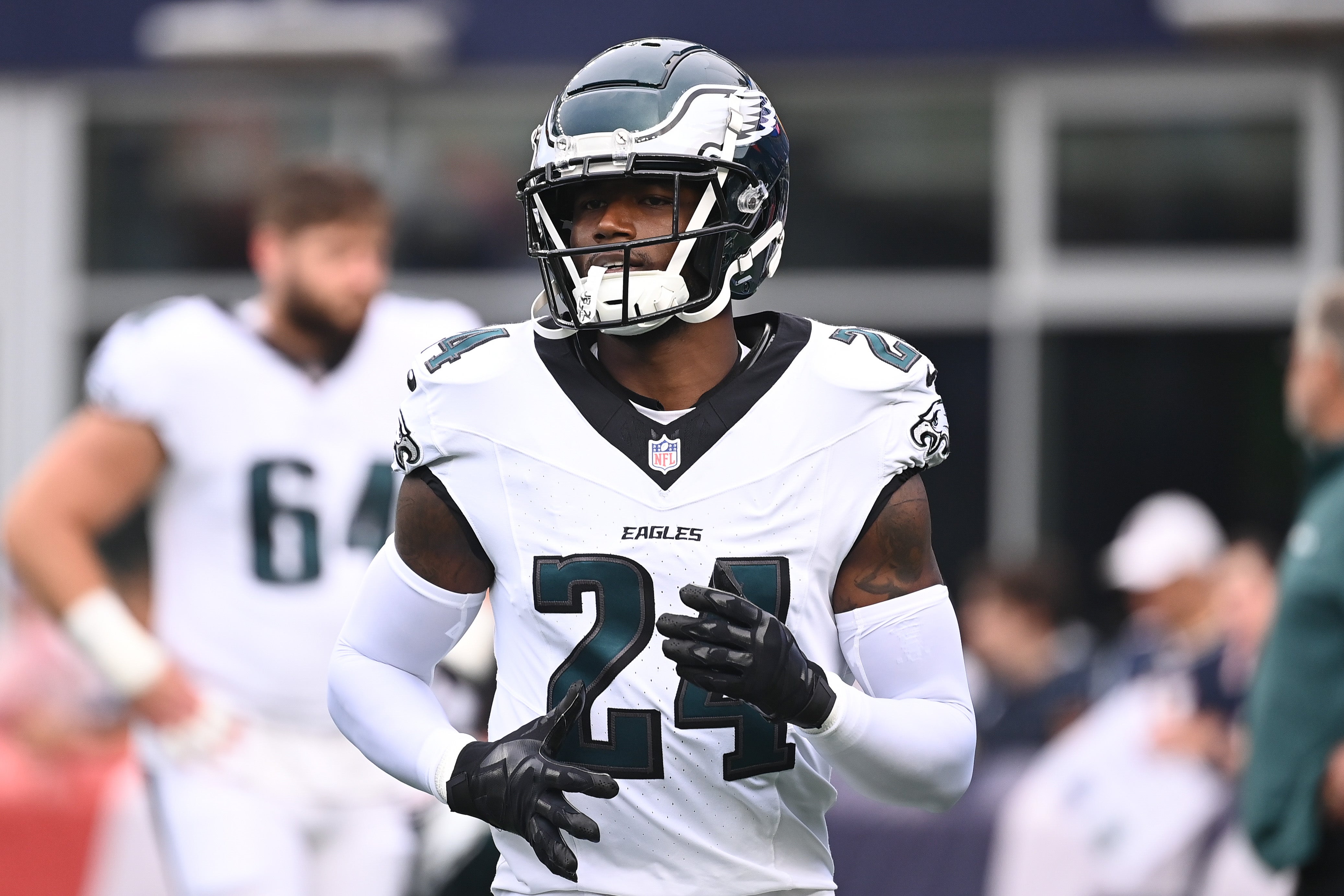 Philadelphia Eagles cornerback James Bradberry IV (24) warms up before a game against the New England Patriots at Gillette Stadium.