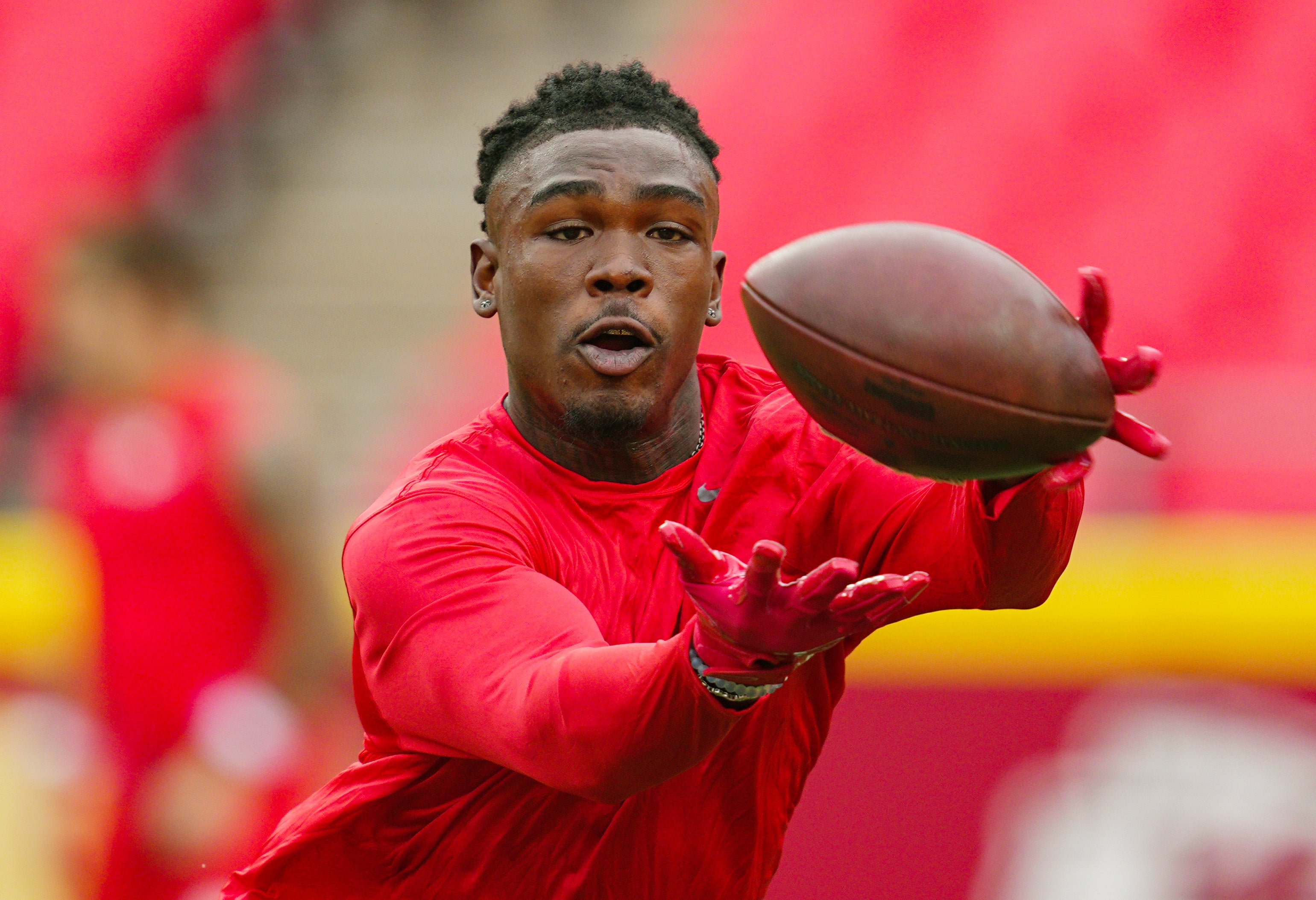 Aug 22, 2024; Kansas City, Missouri, USA; Kansas City Chiefs wide receiver Rashee Rice (4) warms up prior to a game against the Chicago Bears at GEHA Field at Arrowhead Stadium.