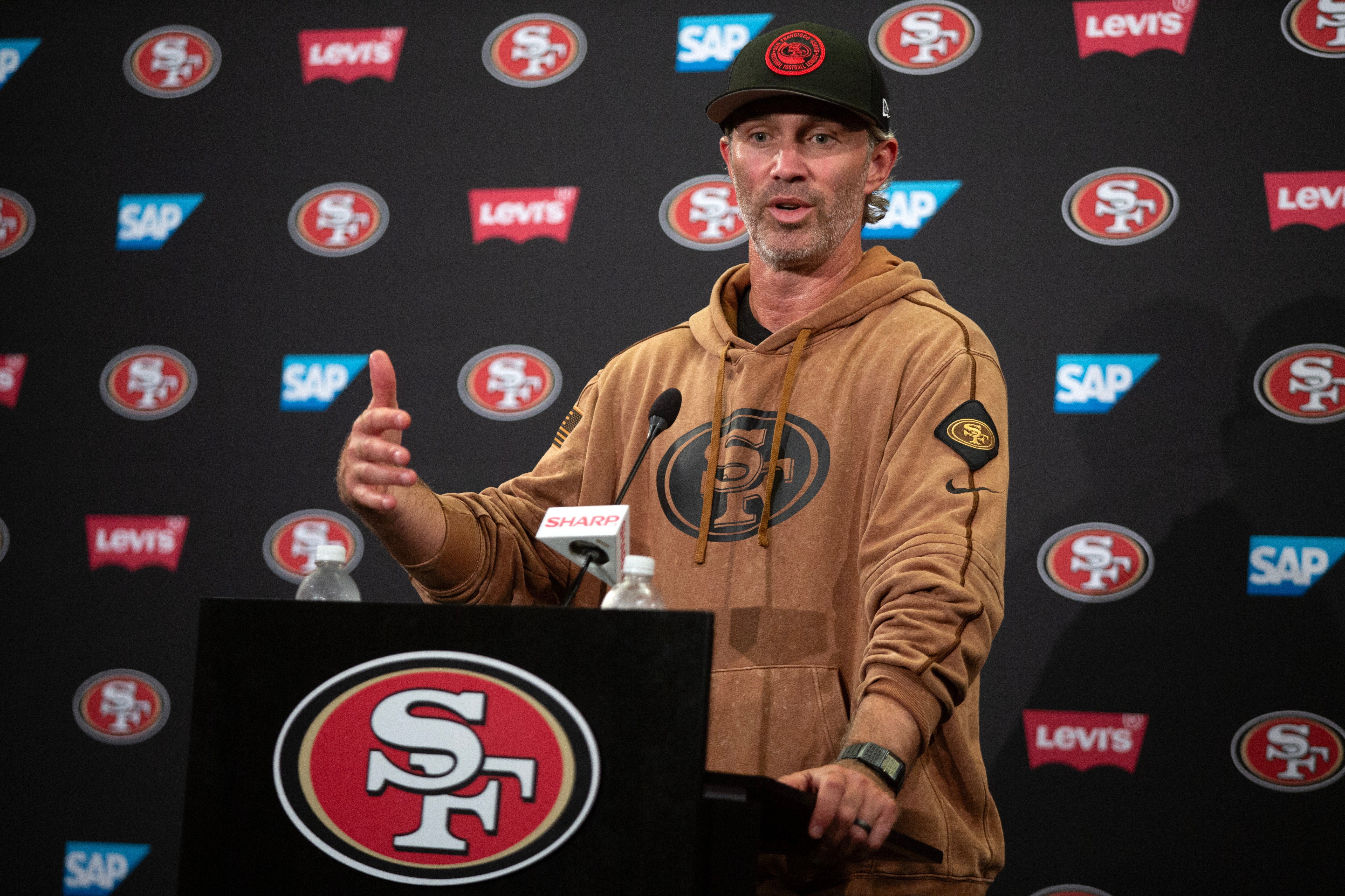Jul 25, 2024; Santa Clara, CA, USA; San Francisco 49ers defensive coordinator Nick Sorensen answers questions at a press conference following Day 3 of training camp at SAP Performance Facility.