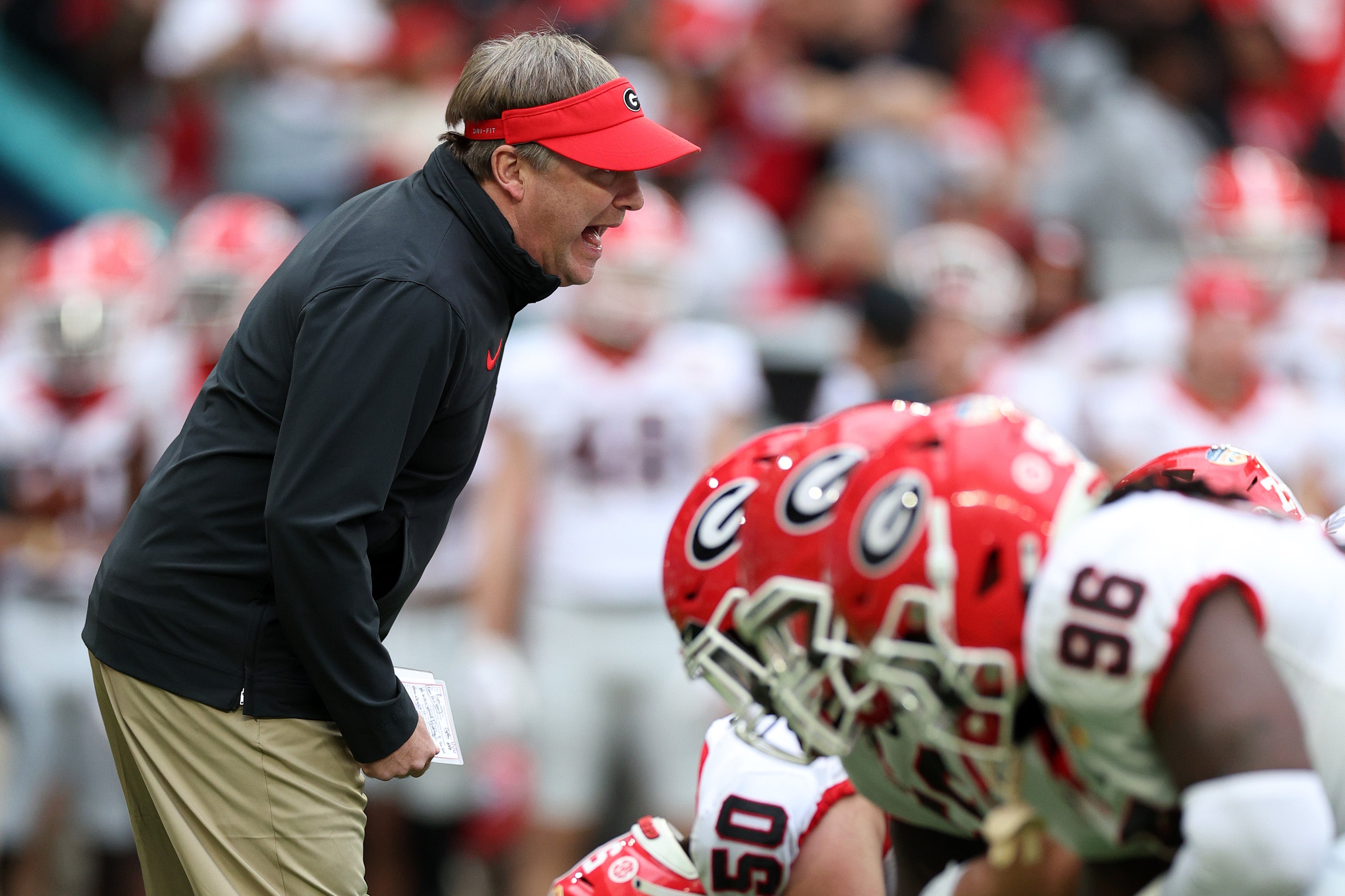 Georgia Bulldogs head coach Kirby Smart before the 2023 Orange Bowl against the Florida State Seminoles at Hard Rock Stadium.