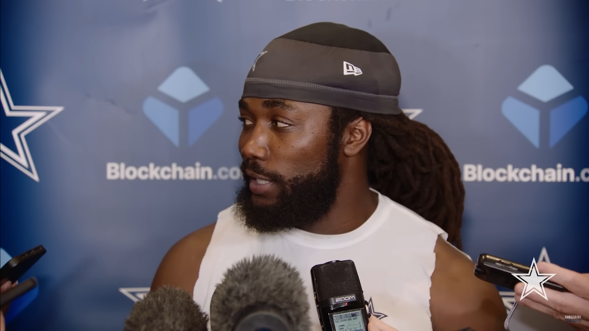 Dallas Cowboys RB Dalvin Cook talks to reporters after signing to the practice squad.