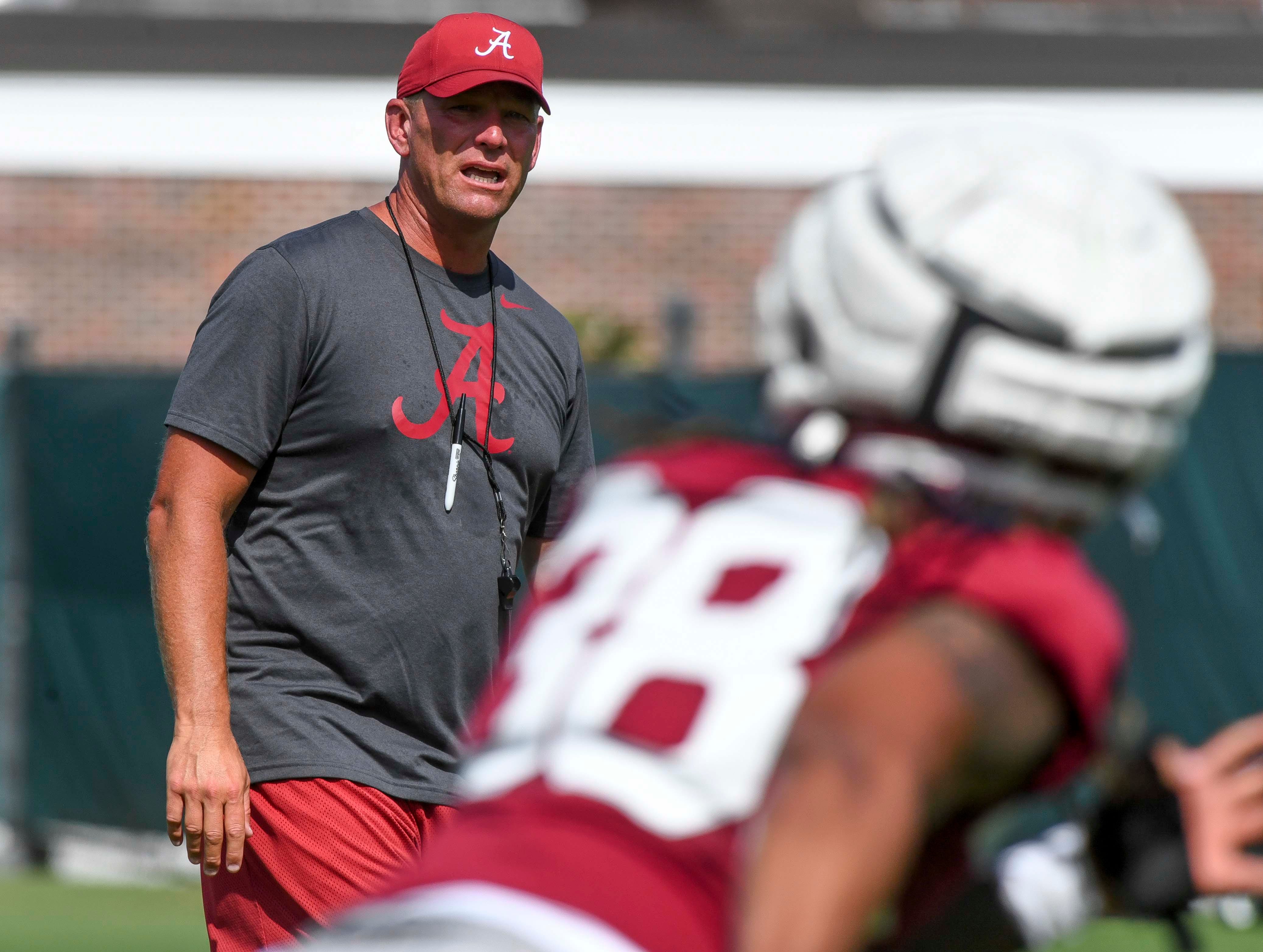 The Crimson Tide football team continued practice Thursday, Aug. 1, 2024, as they prepare for the season opener and the first game under new head coach Kalen DeBoer. DeBoer watches as Alabama defensive back Alijah May (38) runs a drill.
