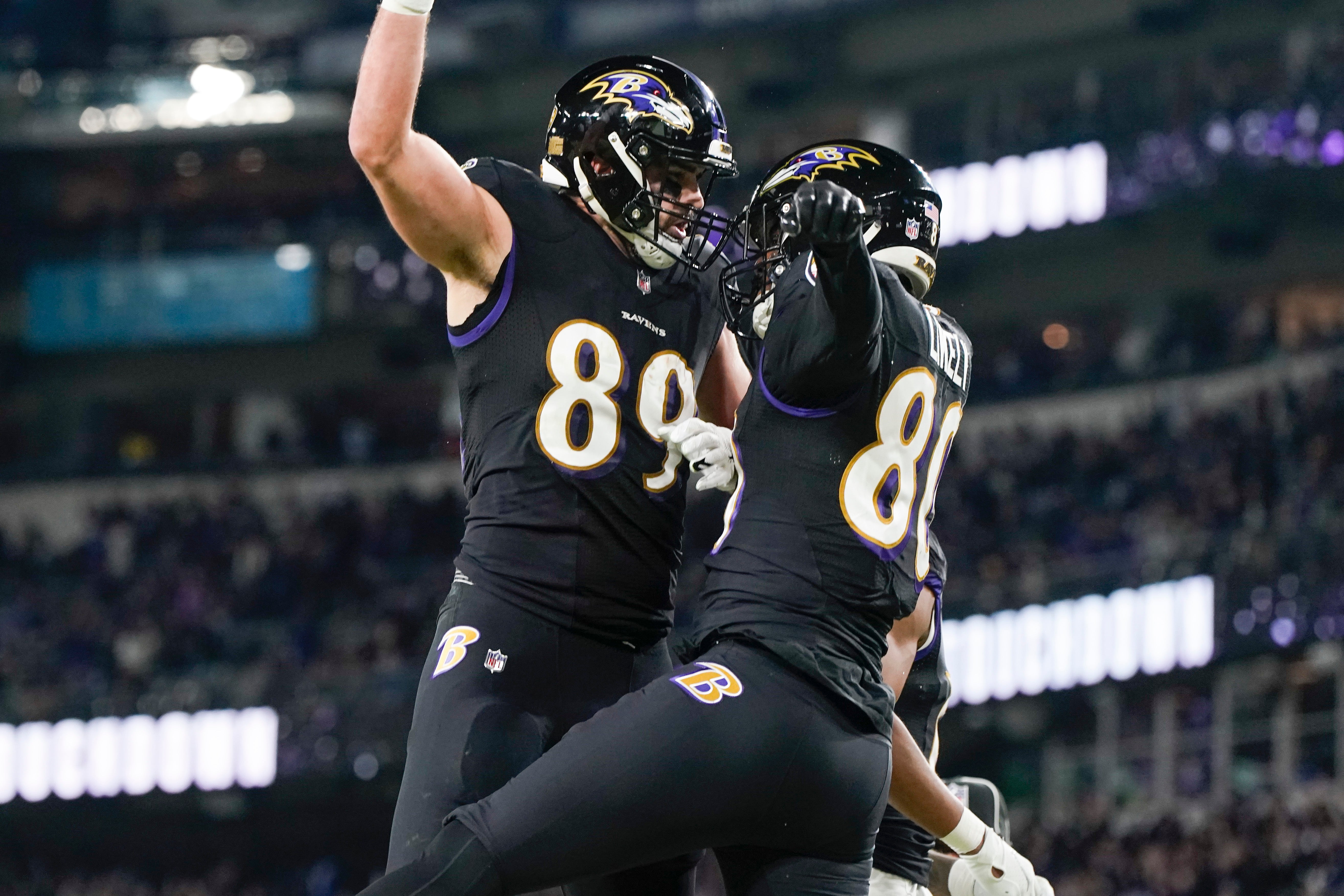 Jan 1, 2023; Baltimore, Maryland, USA; Baltimore Ravens tight end Isaiah Likely (80) celebrates with tight end Mark Andrews (89) after scoring a touchdown against the Pittsburgh Steelers during the first half at M&T Bank Stadium. Mandatory Credit: Jessica Rapfogel-USA TODAY Sports